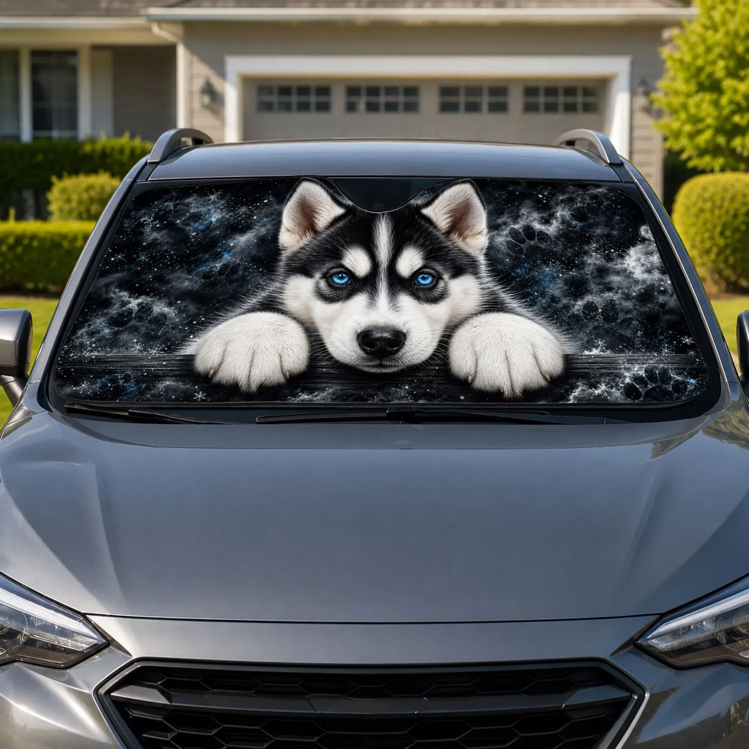 Realistic Blue Eyed Husky Puppy Peeking For Arctic Pet Lover Travel Style Decor Gift Car Sunshade - 1