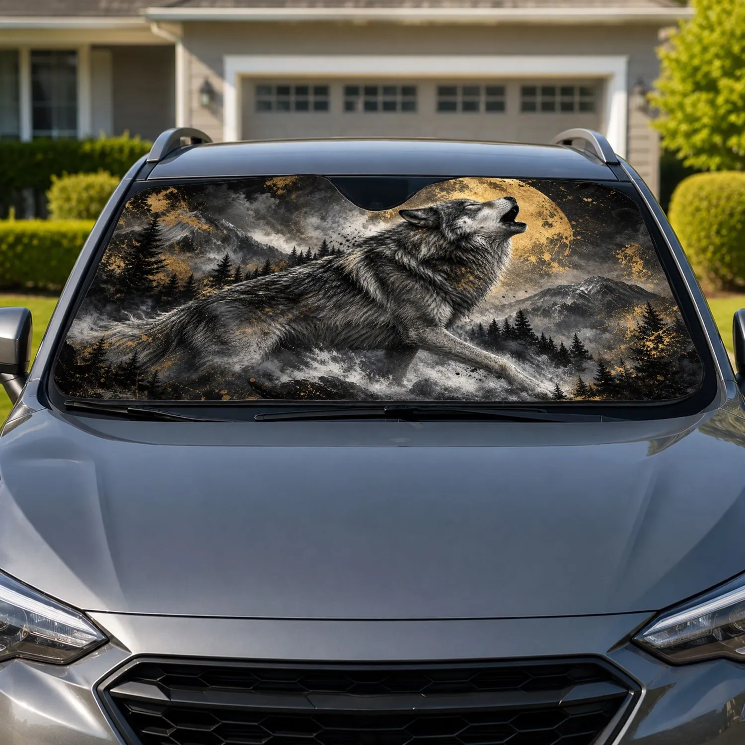 Howling Gray Wolf With Gold Moon Charcoal Wilderness Rugged Cabin Gift For Outdoor Lovers Car Sunshade - 1