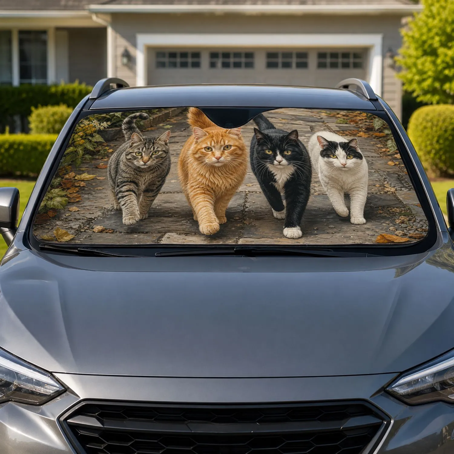 Four Realistic Cats Strolling On City Sidewalk For Cozy Daily Drives And Cat Lovers Car Sunshade - 1