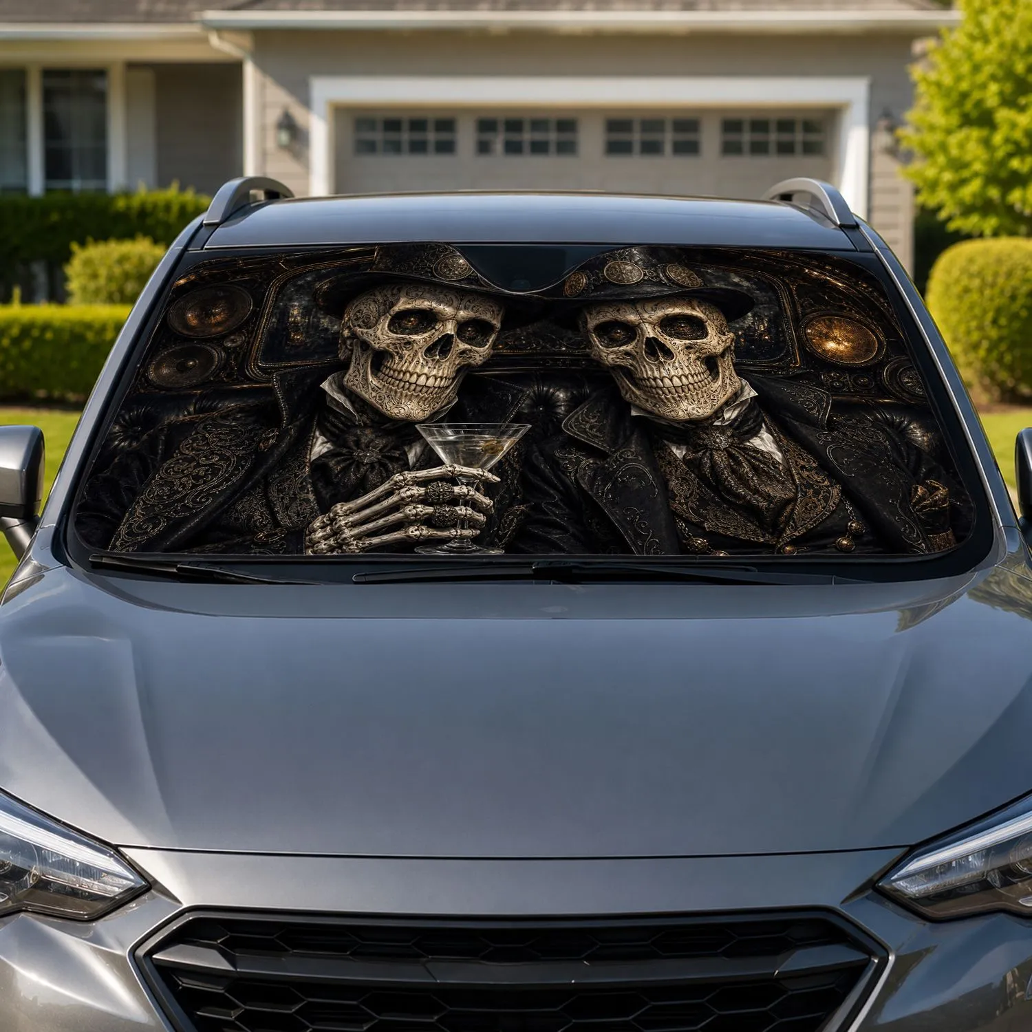 Gothic Skull Gentlemen In Shadowy Vintage Auto Cabin For Halloween Noir Decor Lovers Car Sunshade - 1