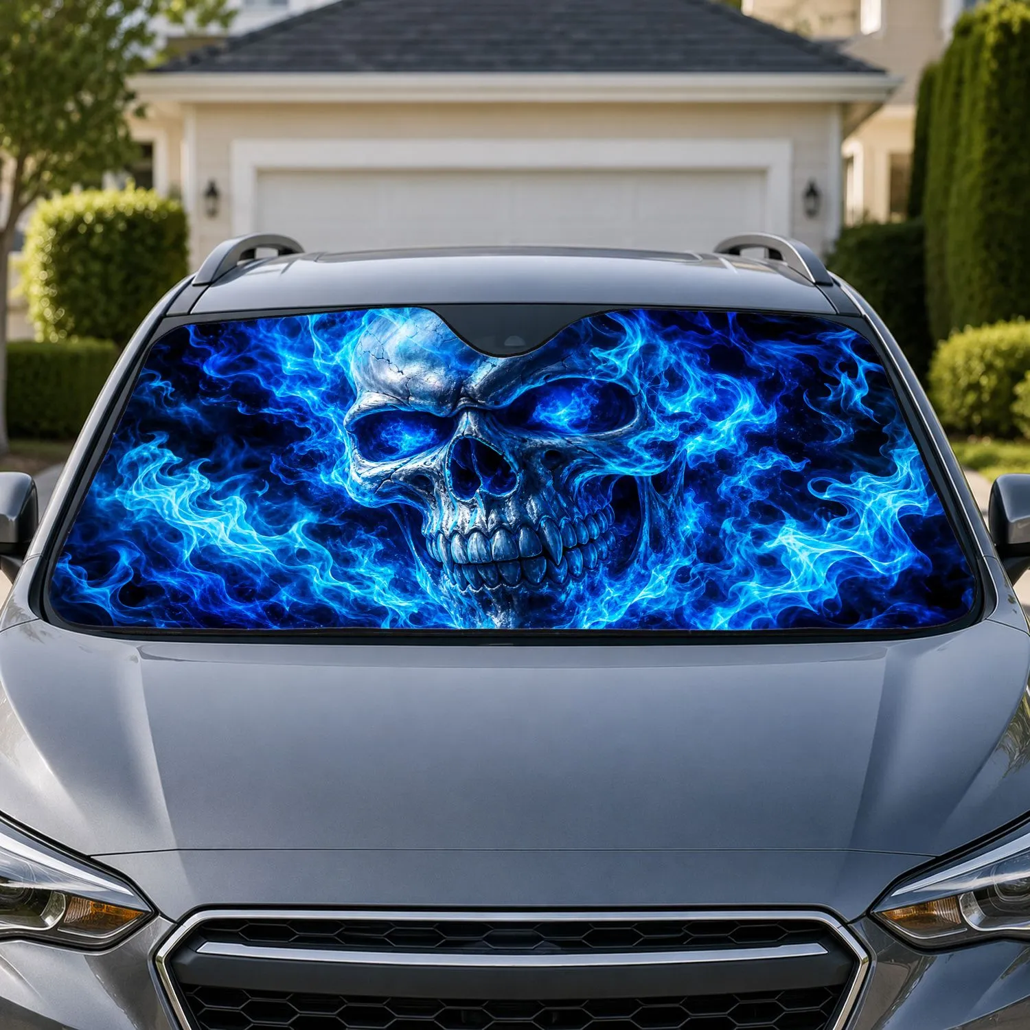 Blue Flaming Skull Dark Gothic Inferno For Road Trip Metal Fans And Horror Lovers Car Sunshade - 1