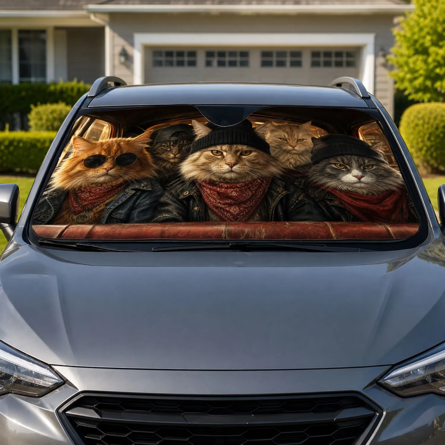 Tough Biker Cats In Vintage Getaway Ride Cabin For Road Trip Style And Cat Lovers Car Sunshade - 1