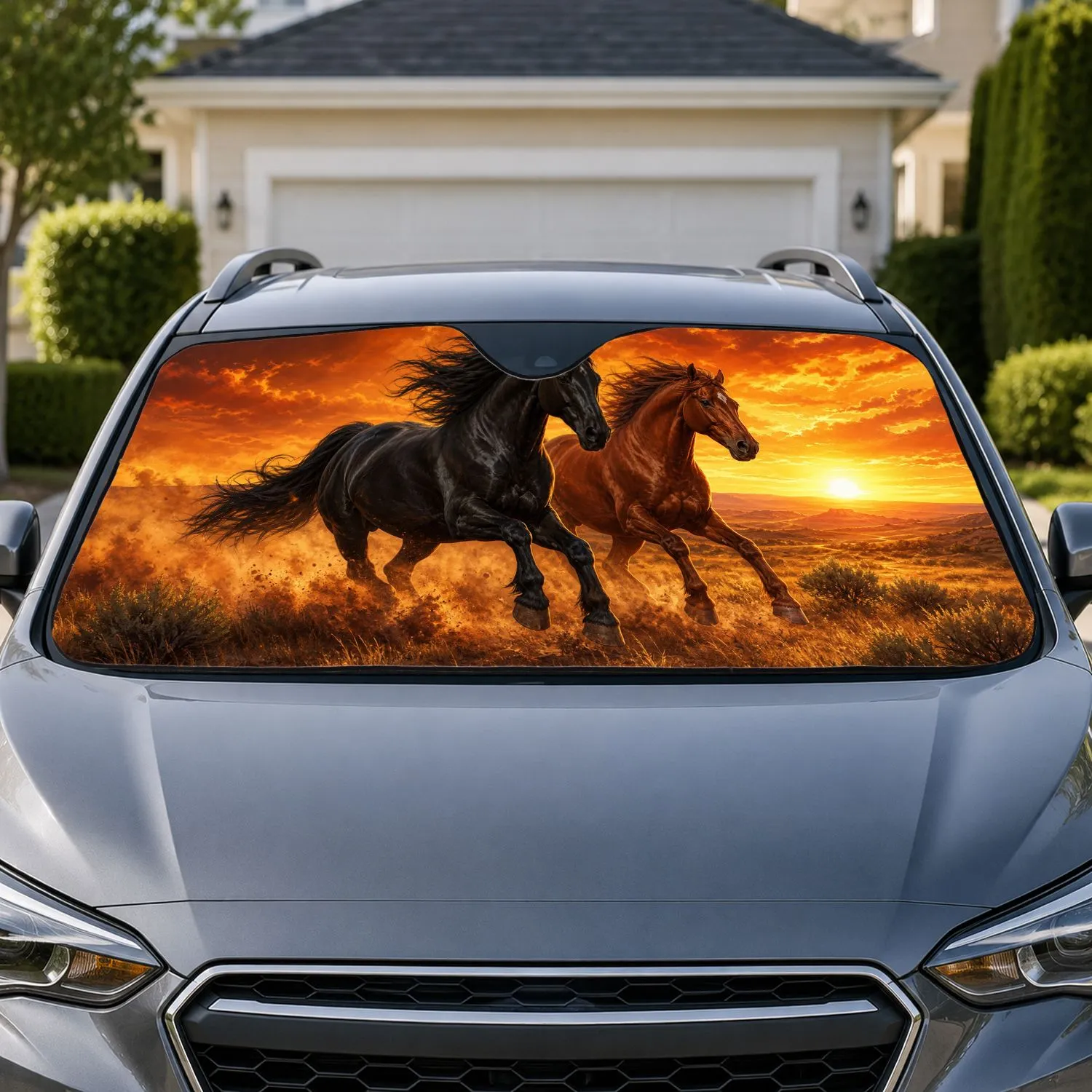 Galloping Black And Chestnut Horses At Sunset Western Prairie Ranch Road Trip Decor Car Sunshade - 1