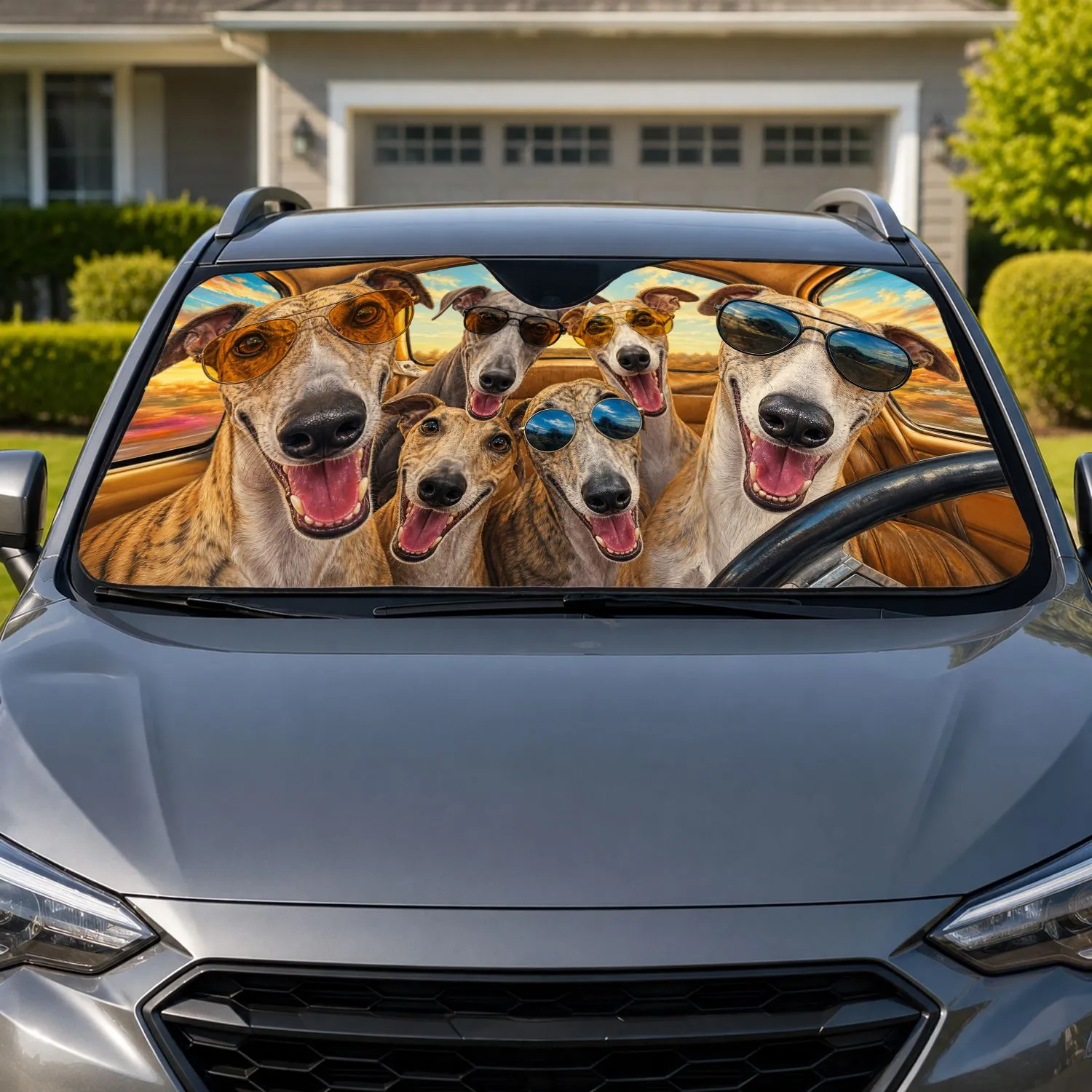 Funny Greyhound Whippet Dog Road Trip Cabin Scene With Sunglasses For Sighthound Lovers Car Sunshade - 1
