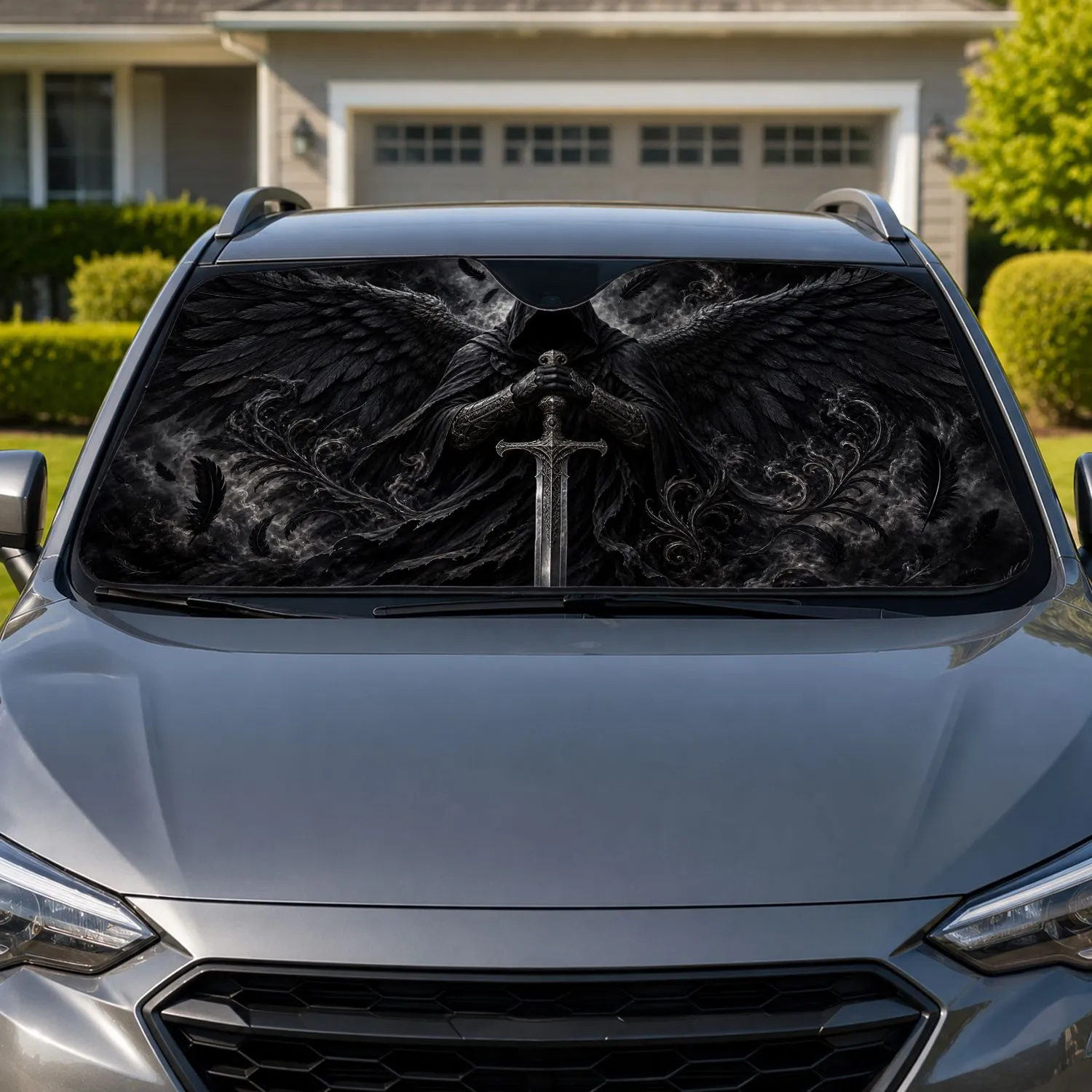 Dark Fantasy Hooded Reaper With Raven Wings For Gothic Road Trips And Metal Fans Car Sunshade - 1