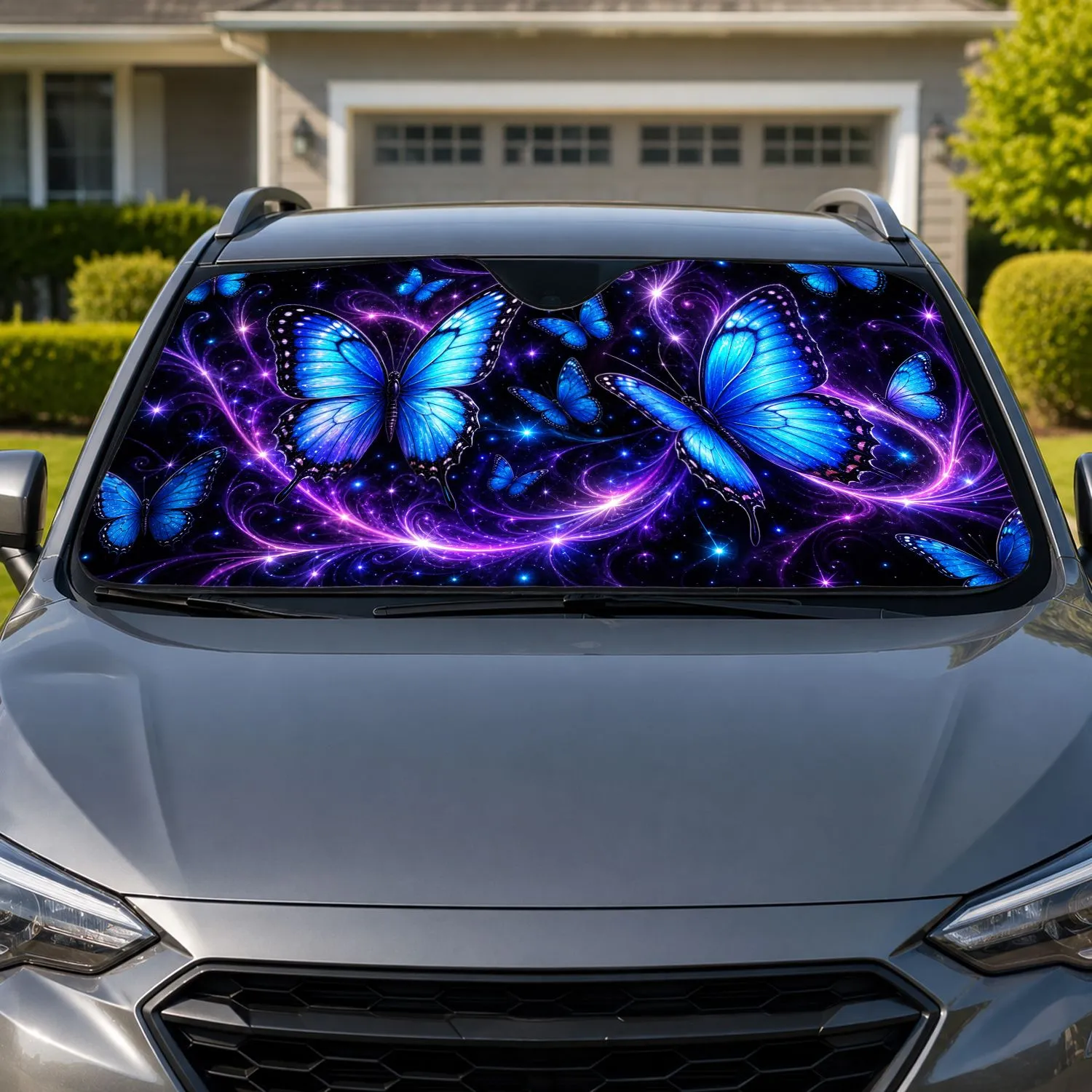 Blue Butterfly Galaxy Fantasy With Violet Glow For Celestial Aesthetic Travel Lovers Car Sunshade - 1