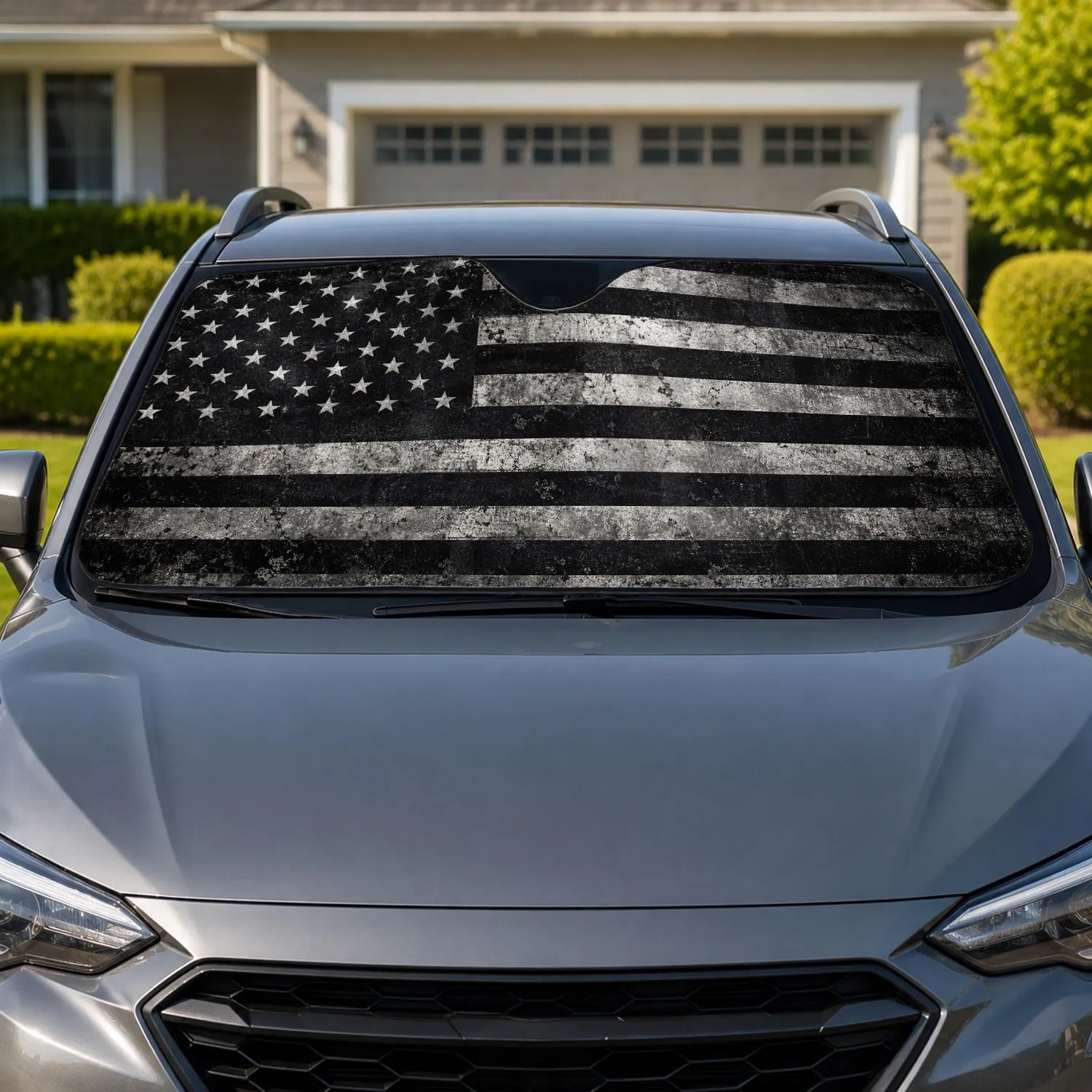 Distressed Black American Flag Grunge Patriotic Road Trip Decor For Veterans And Patriots Car Sunshade - 1