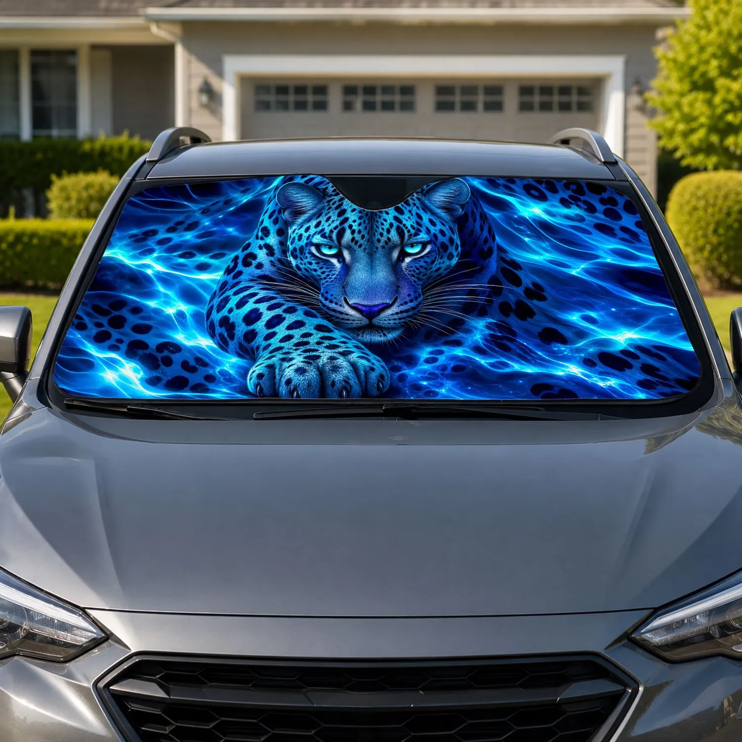 Electric Blue Spotted Big Cat With Aqua Eyes For Safari Style And Wild Road Trips Car Sunshade - 1