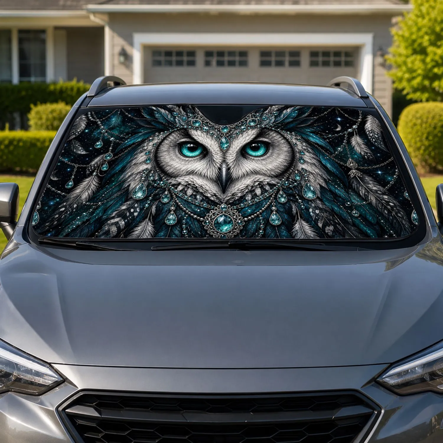 Jeweled Celestial Owl With Turquoise Eyes For Gothic Road Trip Aesthetic Enthusiasts Car Sunshade - 1