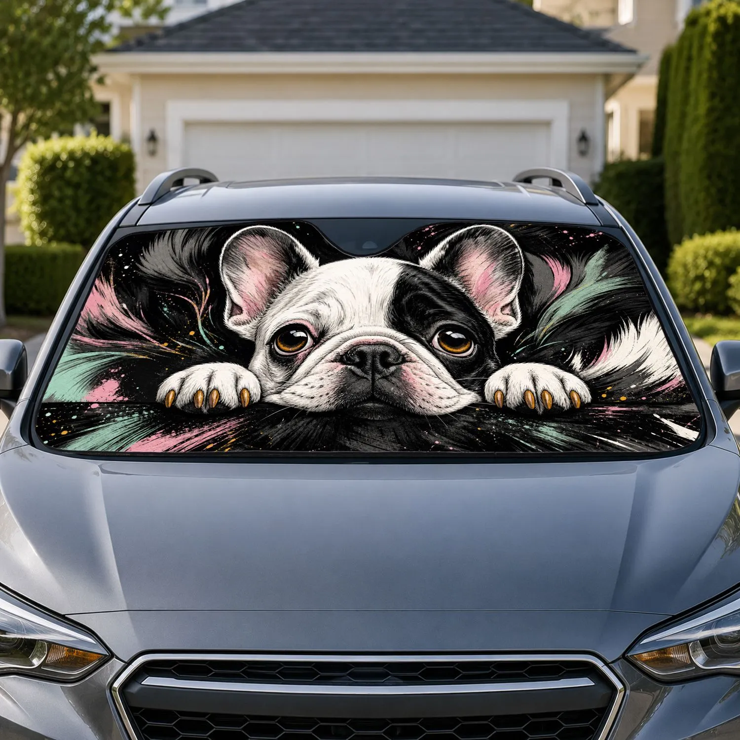 French Bulldog Peeking Over Ledge With Bold Black Background For Dog Lover Rides Car Sunshade - 1