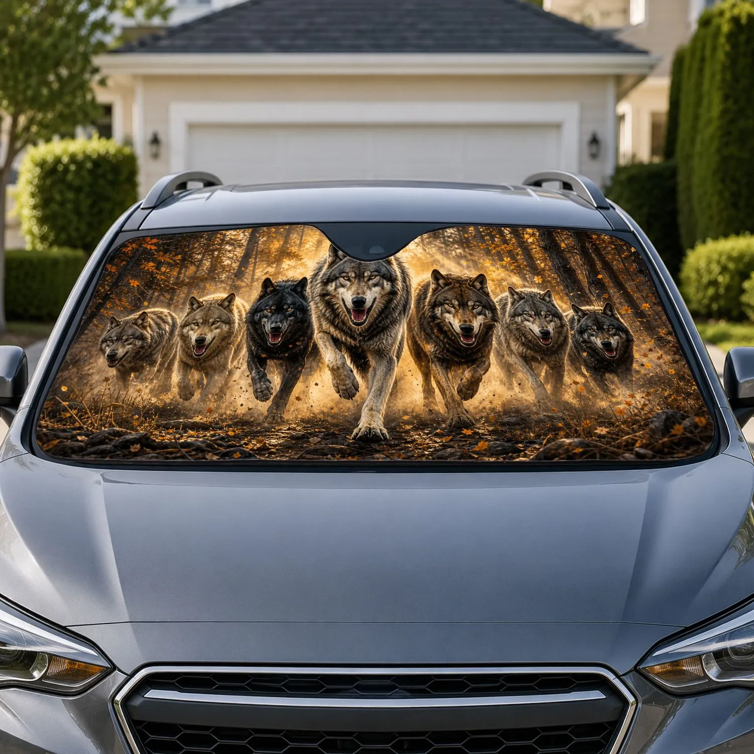 Running Wolves In Autumn Forest, Rustic Wildlife Decor For Outdoor Adventure Fans Car Sunshade - 1