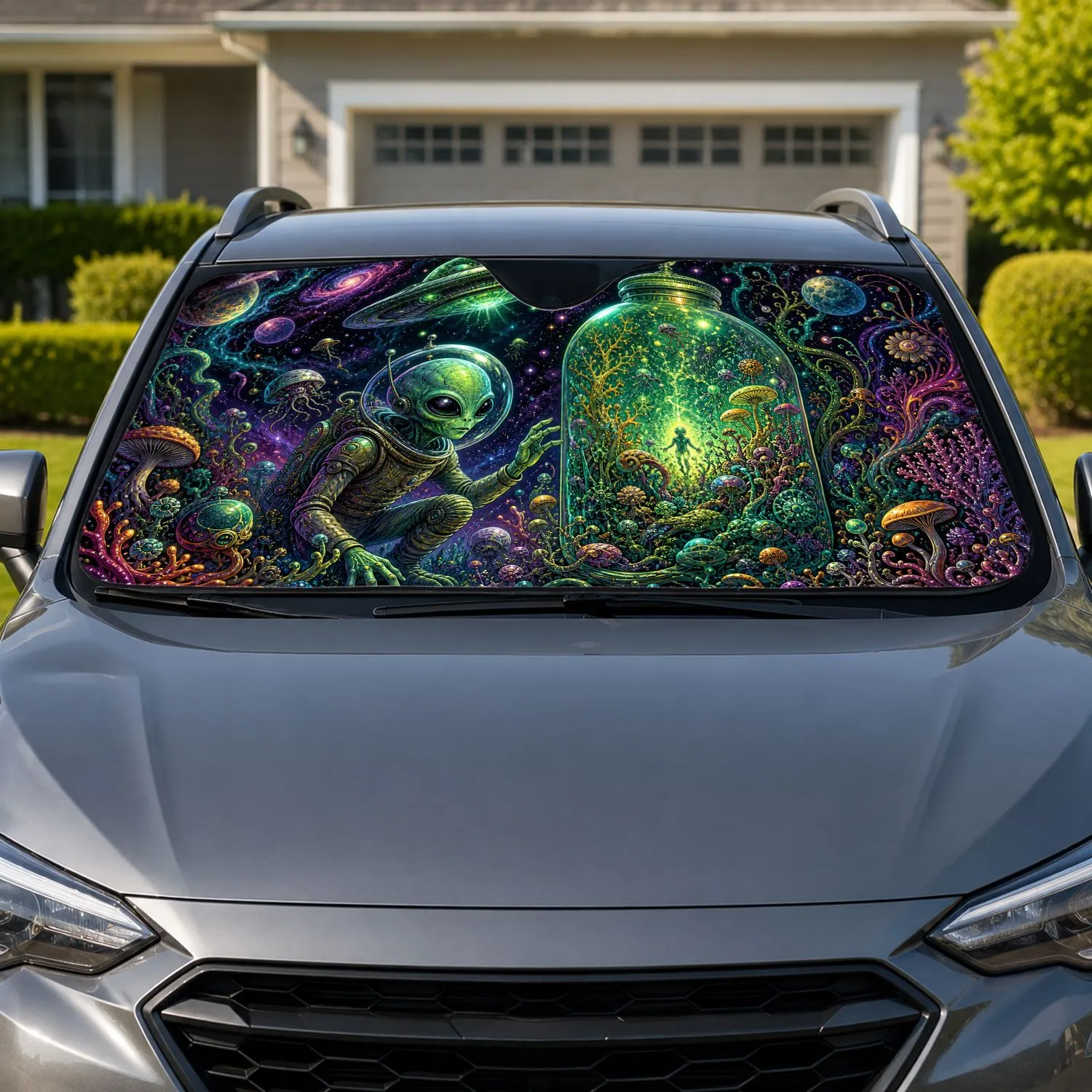 Neon Alien Jungle Jar With UFO For Retro Sci Fi Road Trips And Gamer Decor Fans Gift Car Sunshade - 1