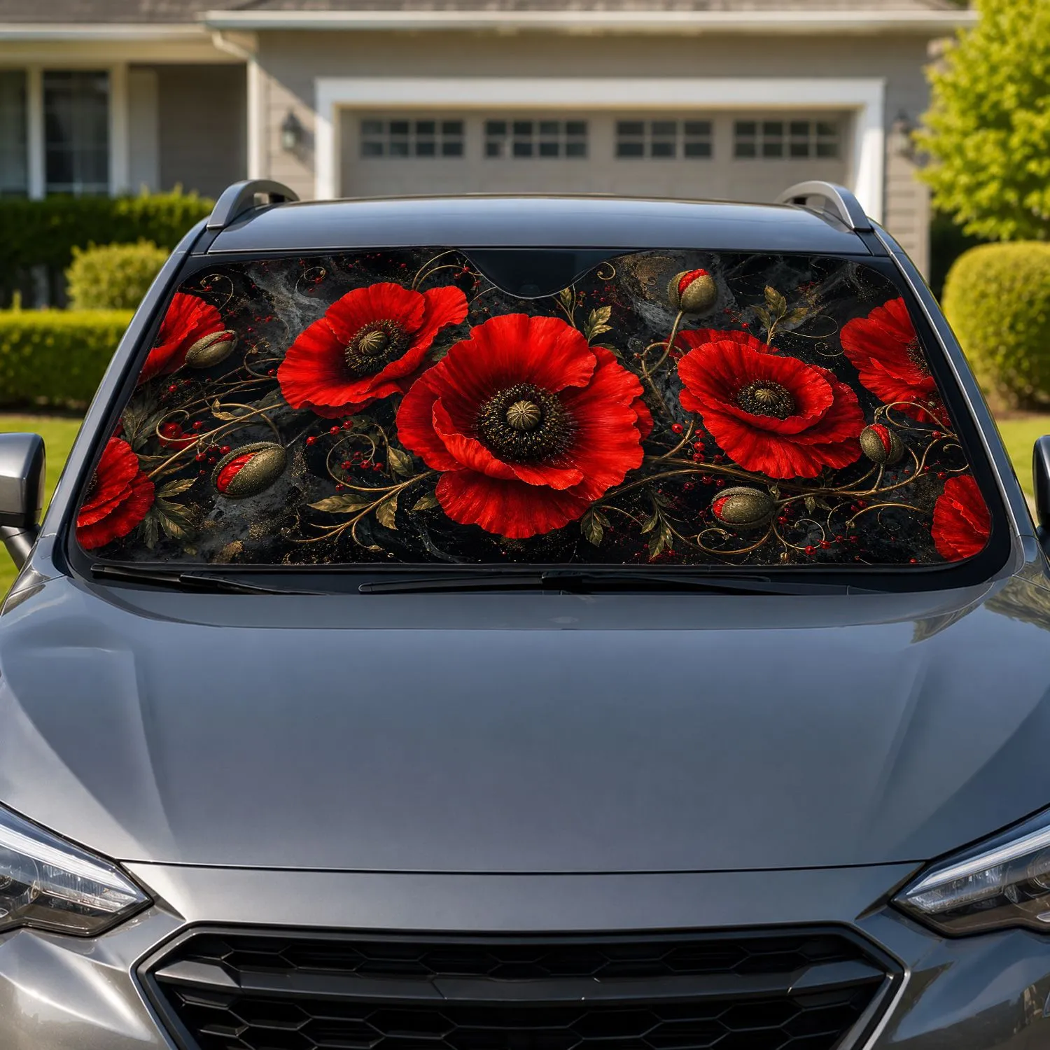 Crimson Red Poppy Floral On Charcoal Black For Summer Road Trips And Garden Lovers Car Sunshade - 1