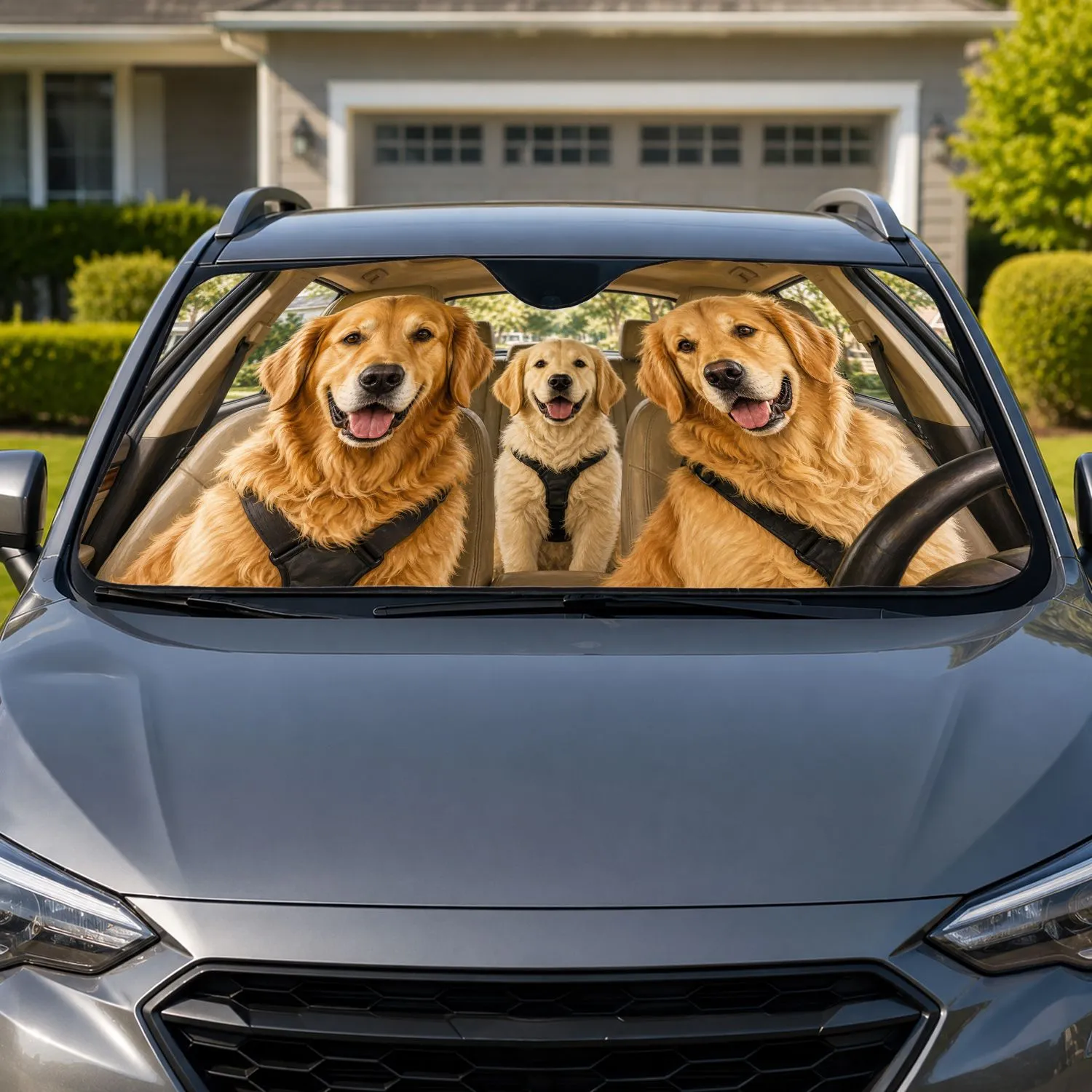 Three Golden Retrievers In Cozy Vehicle Cabin For Dog Lovers Family Road Trip Decor Car Sunshade - 1