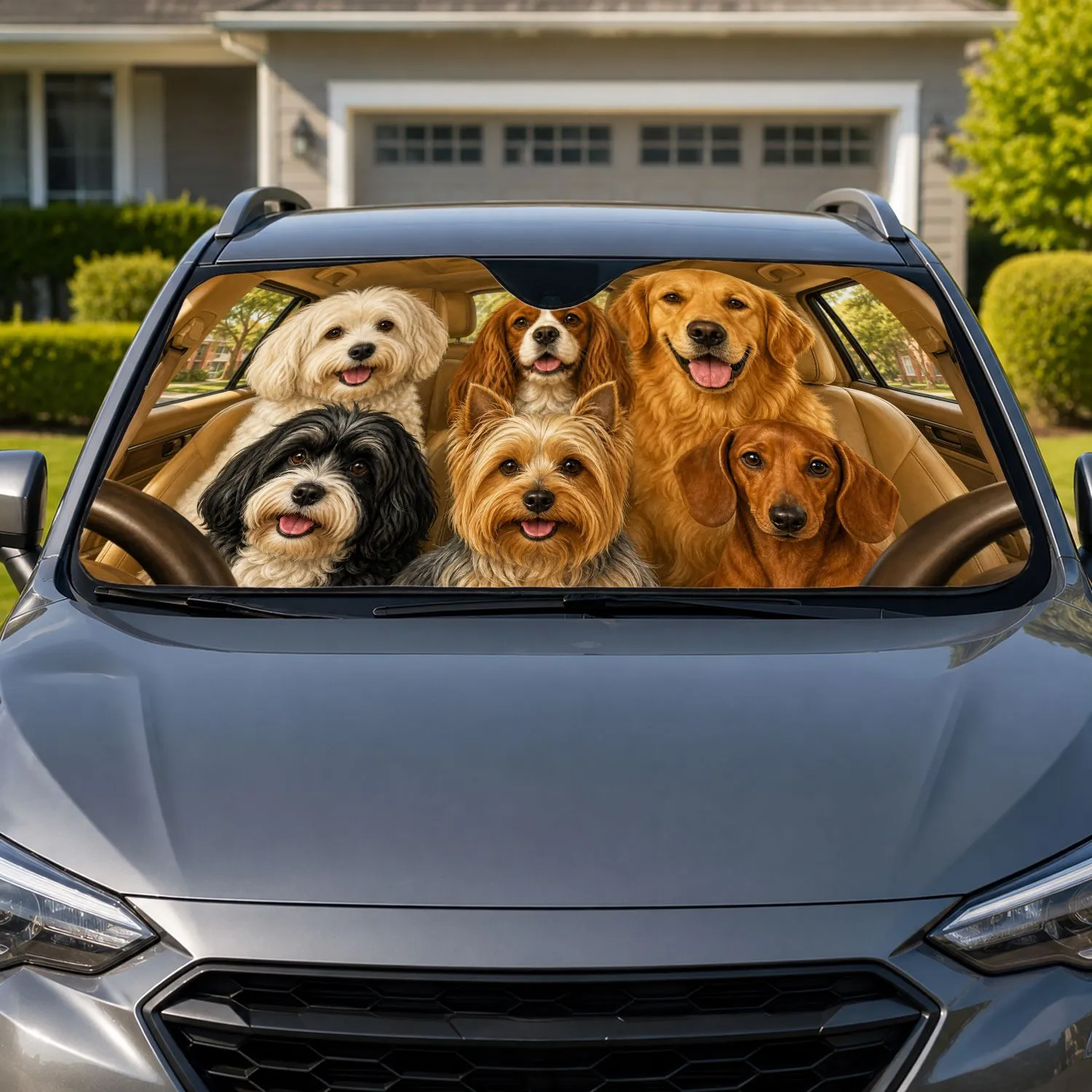 Realistic Six Dog Road Trip Cabin Scene For Pet Lovers And Dog Moms On Summer Drives Car Sunshade - 1