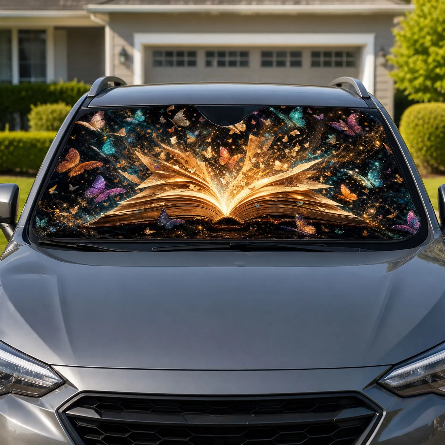 Open Antique Storybook With Iridescent Butterflies For Fantasy Readers And Dreamers Car Sunshade - 1