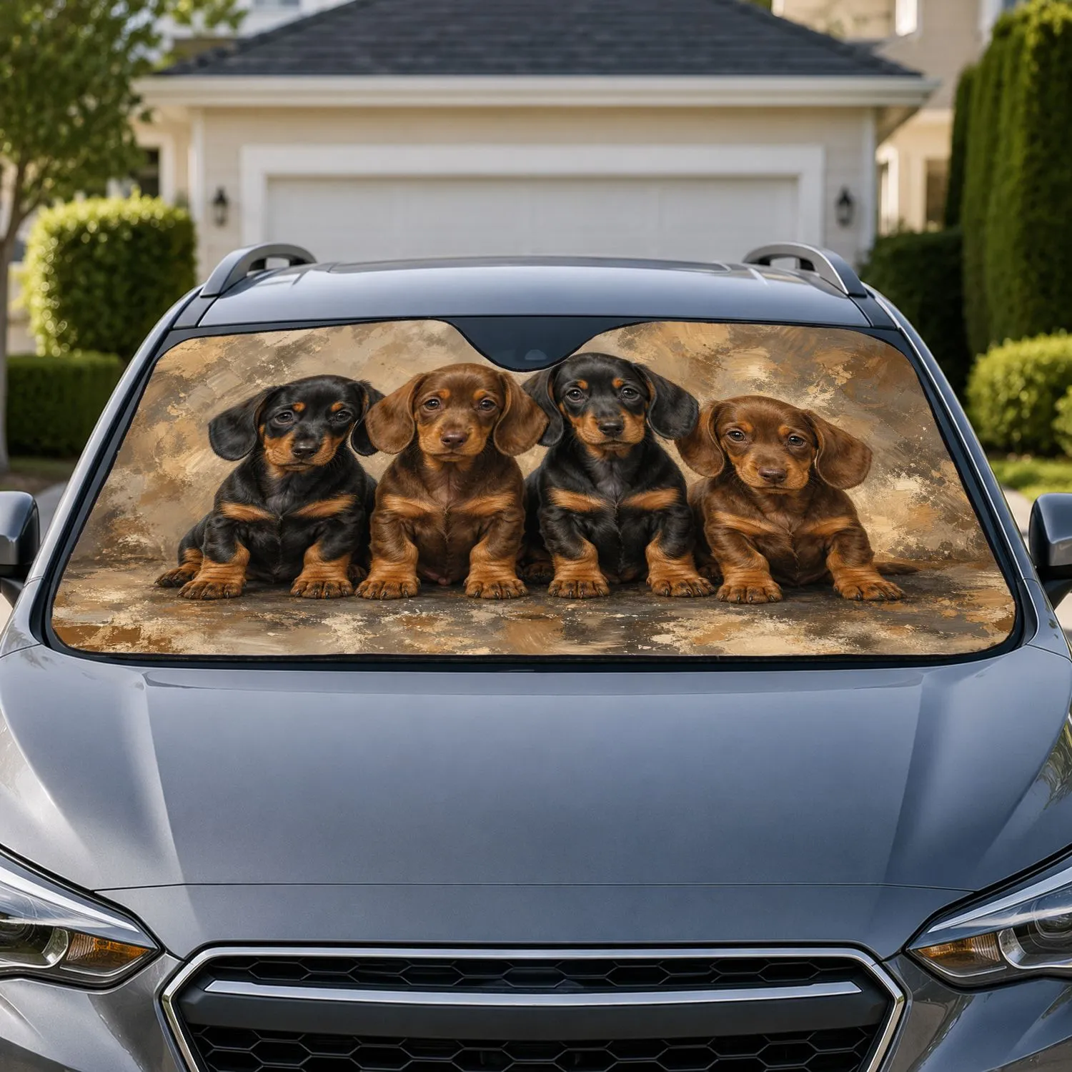 Four Realistic Dachshund Puppies Warm Taupe Full Bleed Decor Gift For Dog Lovers Car Sunshade - 1
