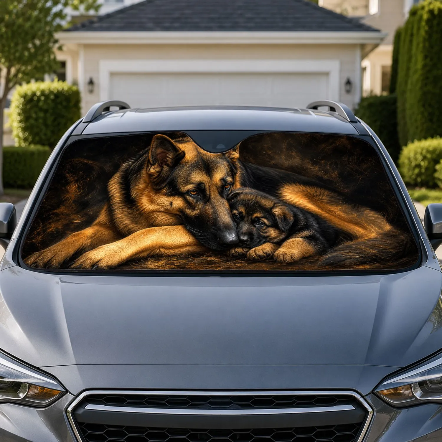 German Shepherd Mother And Puppy Portrait Warm Protective Dog Lover Gift For Pet Moms Car Sunshade - 1