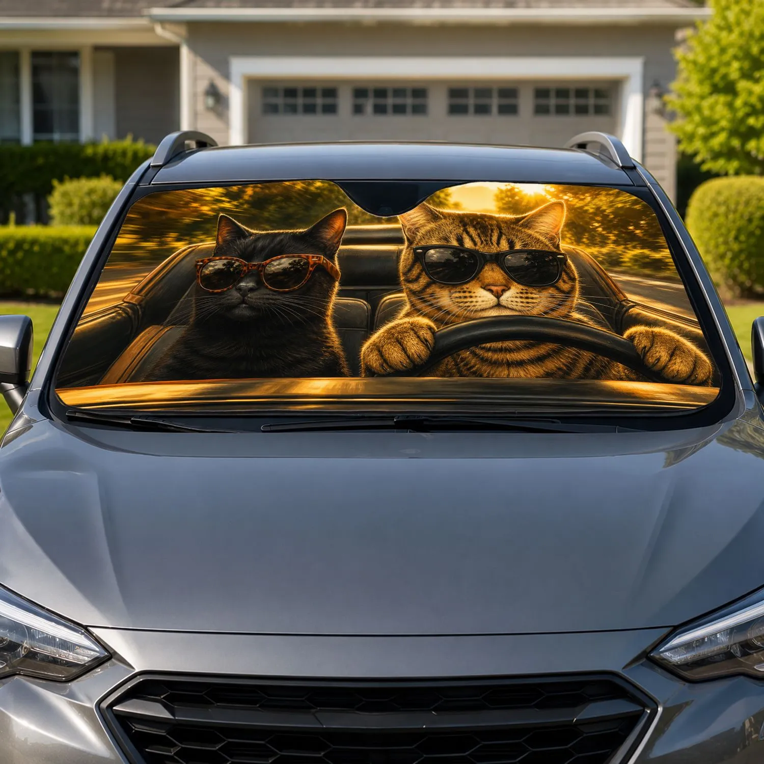 Cool Cats Road Trip With Sunglasses Golden Sunset Travel Decor For Pet Lovers And Drivers Car Sunshade - 1