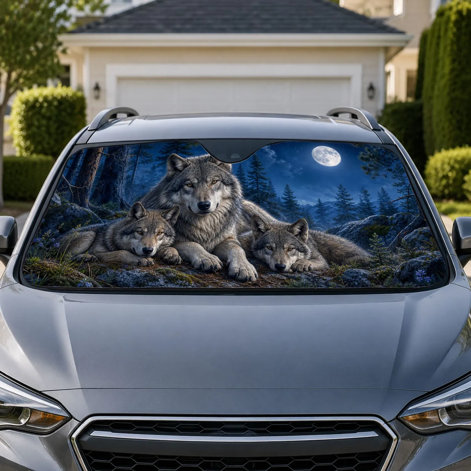 Realistic Gray Wolf Family Full Moon Pine Forest Night Wildlife Decor For Nature Lovers Car Sunshade - 1