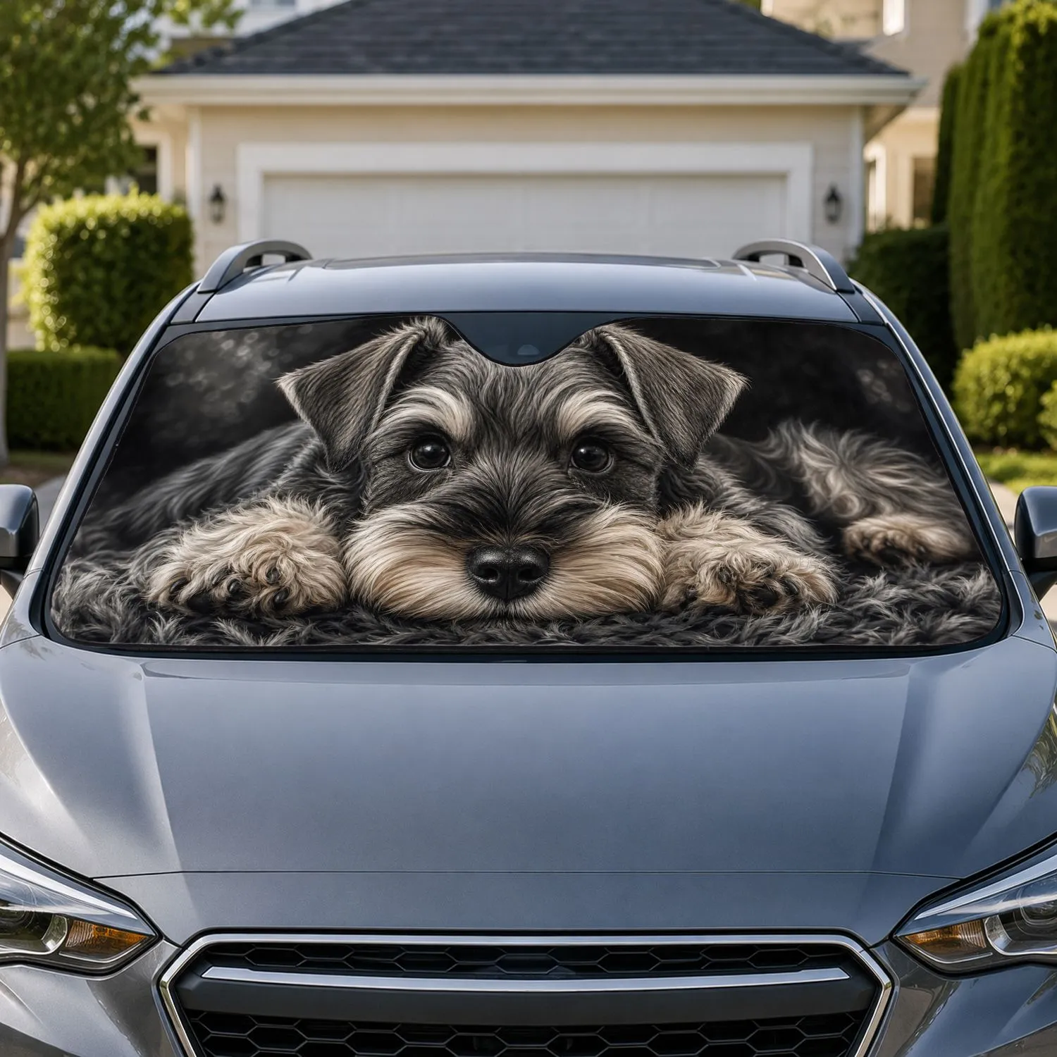 Realistic Gray Schnauzer Puppy Portrait On Black Charcoal Decor For Dog Lovers Gift Car Sunshade - 1