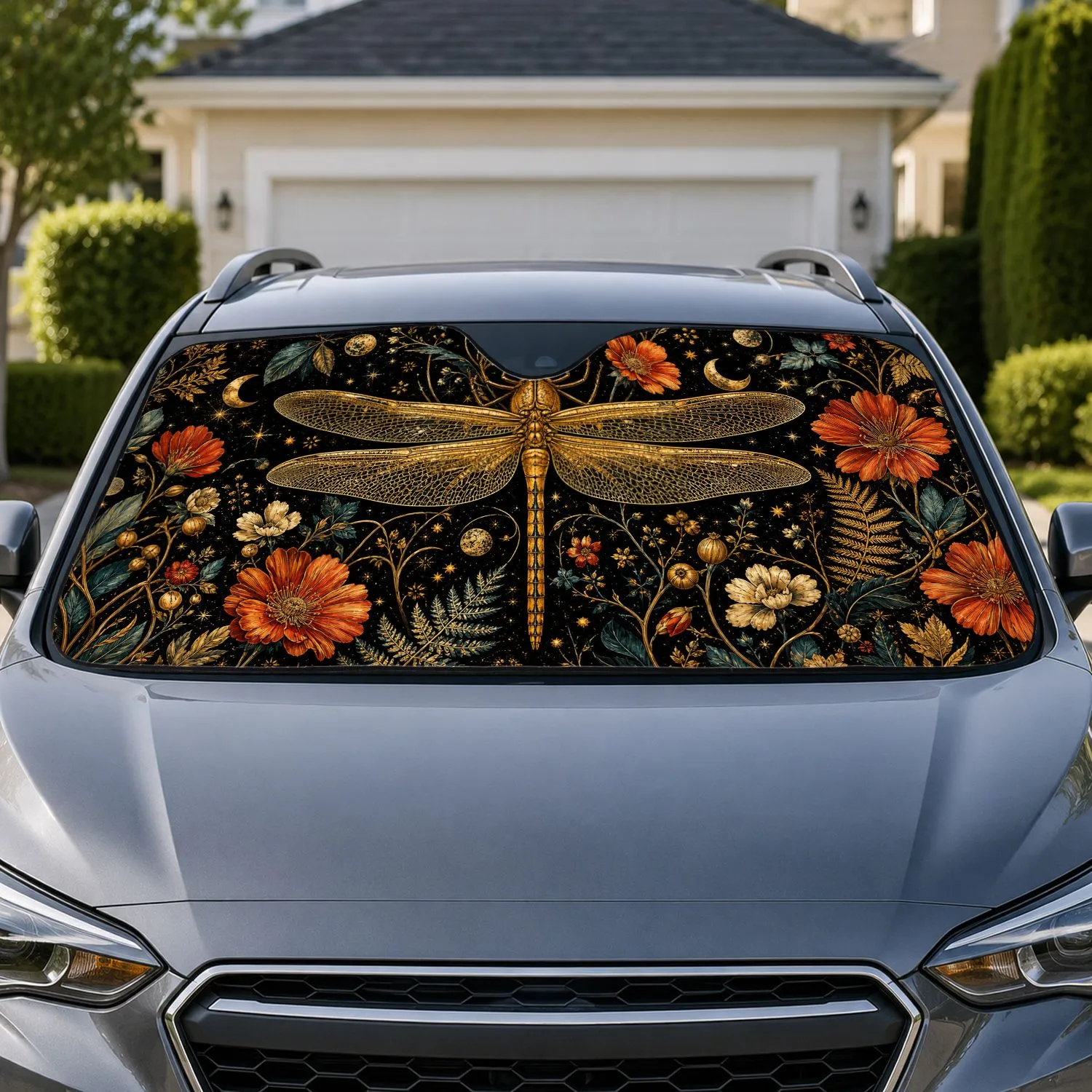 Golden Dragonfly Celestial Florals Vintage Night Garden Decor For Summer Road Trips Car Sunshade - 1