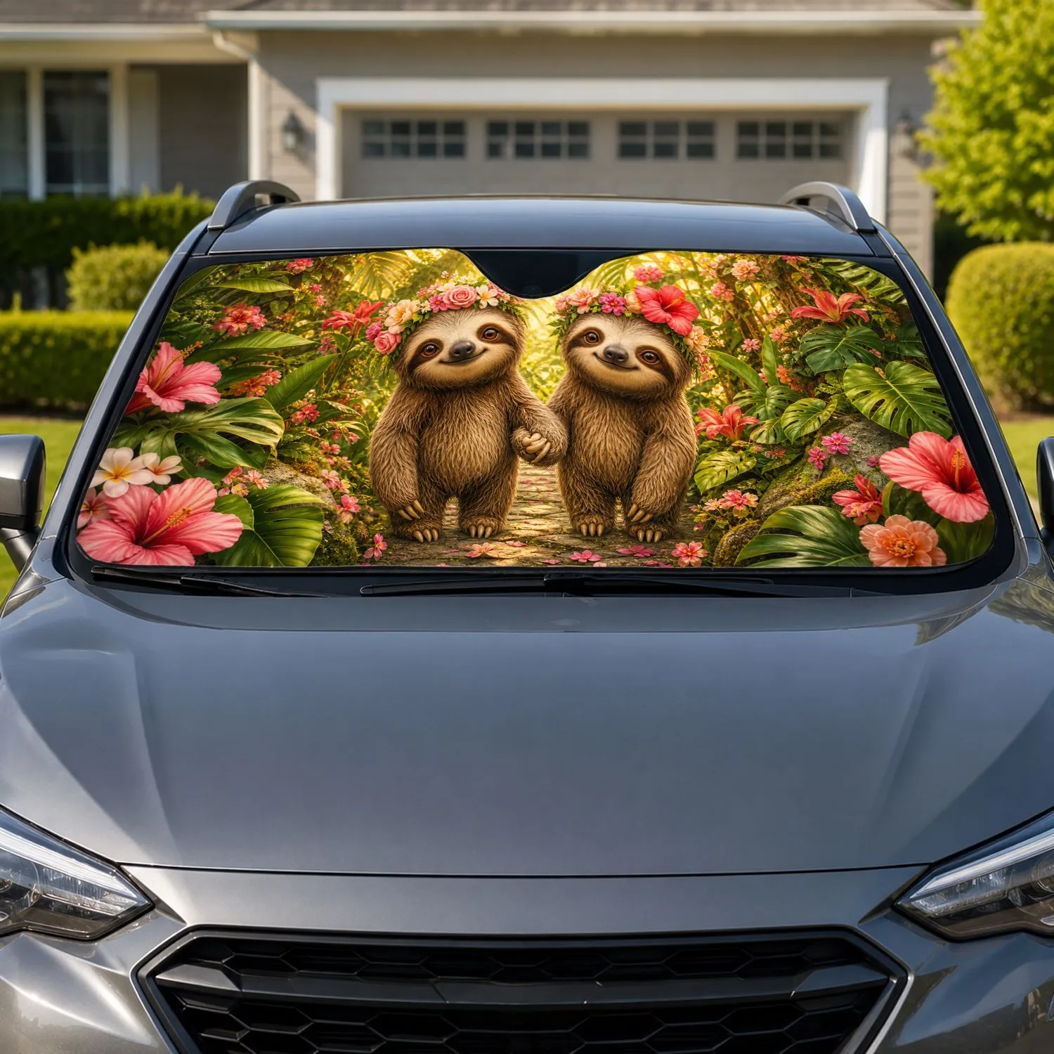 Cute Sloth Couple In Tropical Flowers For Summer Road Trips And Nature Lovers Gift Car Sunshade - 1