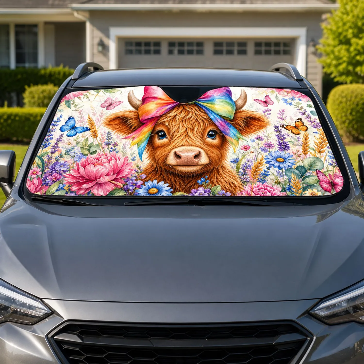 Rainbow Bow Highland Calf With Wildflowers And Butterflies For Cottagecore Road Trips Car Sunshade - 1