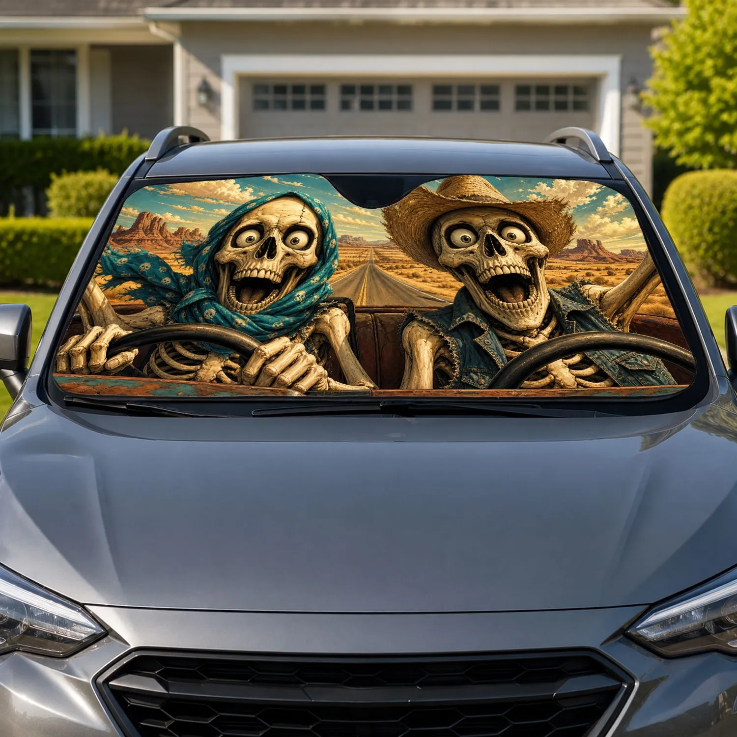 Spooky Skeleton Road Trip Desert Scene For Halloween Travel And Cowboy Western Fans Car Sunshade - 1
