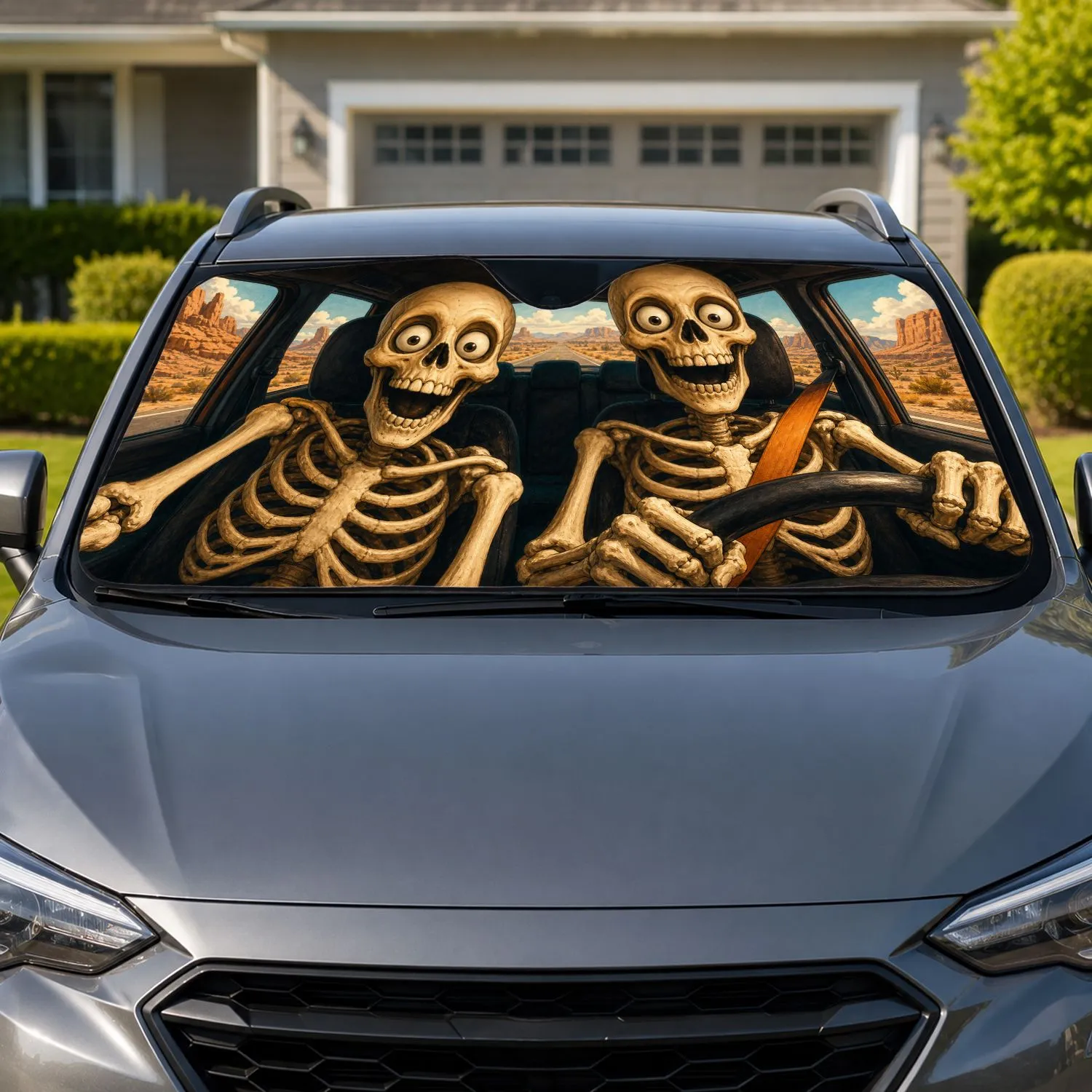 Funny Skeleton Road Trip Duo In Desert Cabin For Spooky Summer Adventure Drivers Car Sunshade - 1