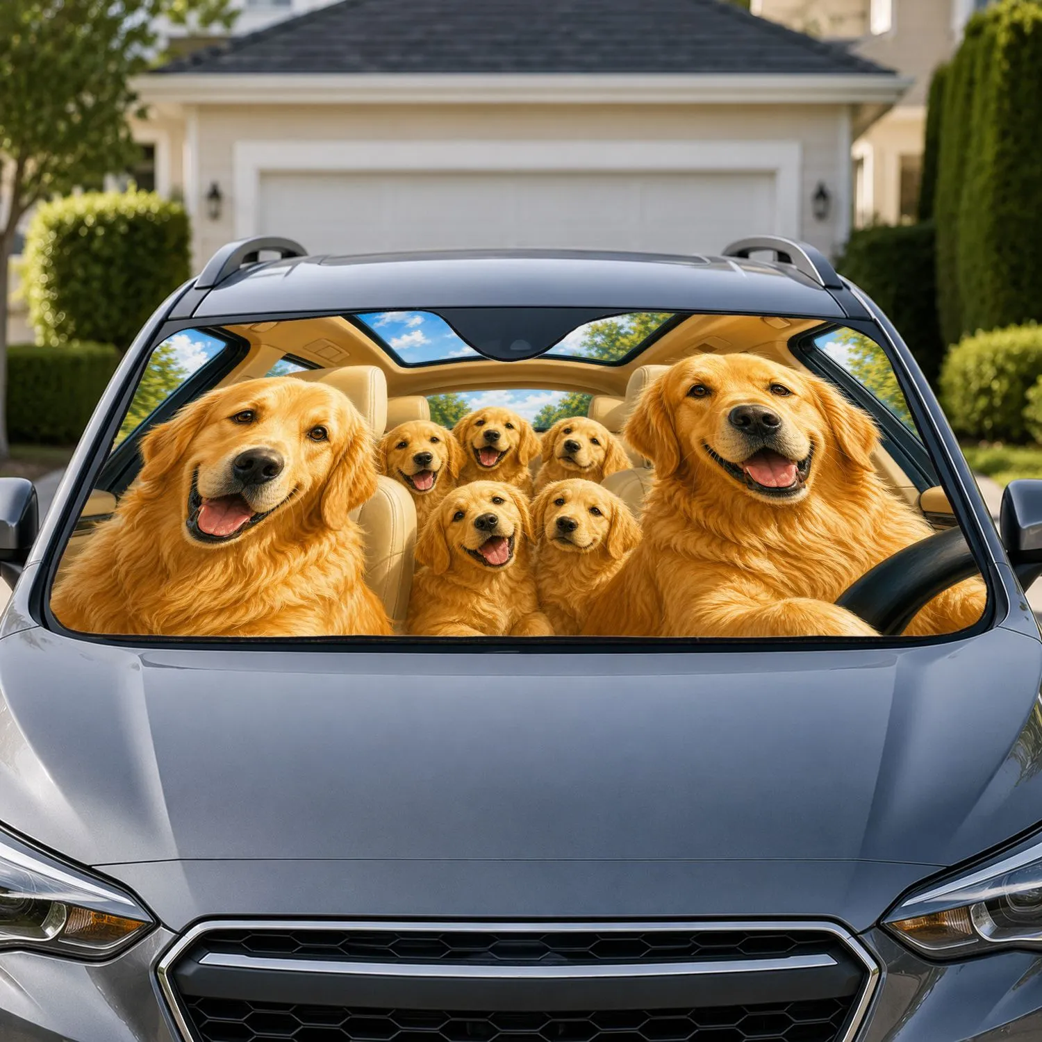 Golden Retriever Family In Vehicle Cabin For Road Trip Adventures And Dog Lovers Car Sunshade - 1