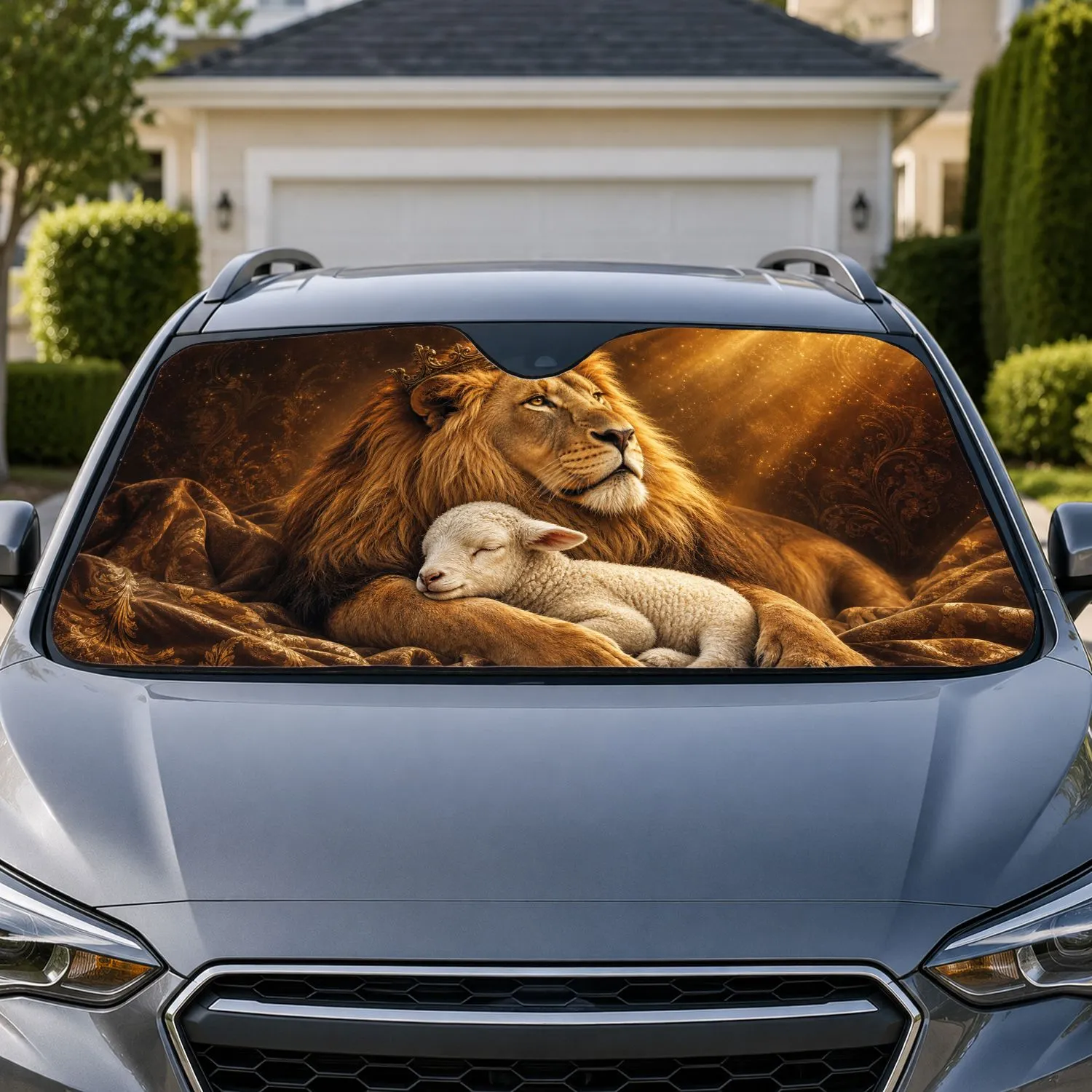 Crowned Lion And Sleeping Lamb Golden Religious Animal Decor For Faith Inspired Drivers Car Sunshade - 1