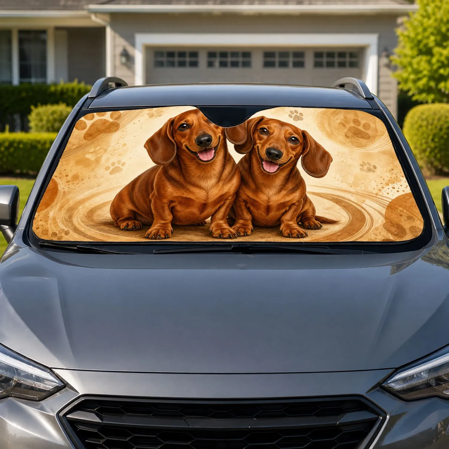 Cozy Brown Dachshund Duo On Warm Beige For Daily Drives With Pet Lovers And Dog Moms Car Sunshade - 1