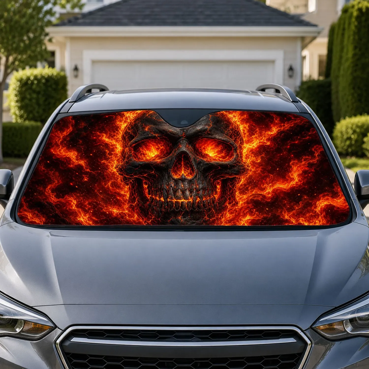Flaming Skull Inferno Dark Fantasy Decor For Gothic Horror Fans And Metalheads On The Road Car Sunshade - 1