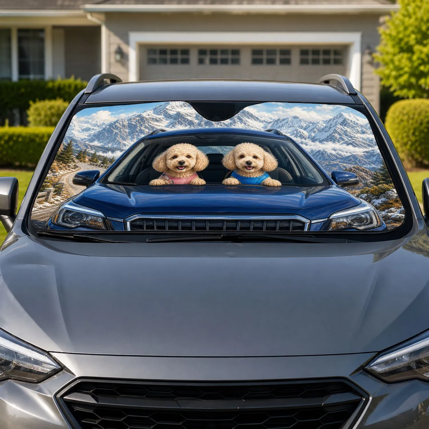 Cream Toy Poodles In Blue SUV Alpine Mountain Road Trip Decor For Dog Loving Drivers Car Sunshade - 1