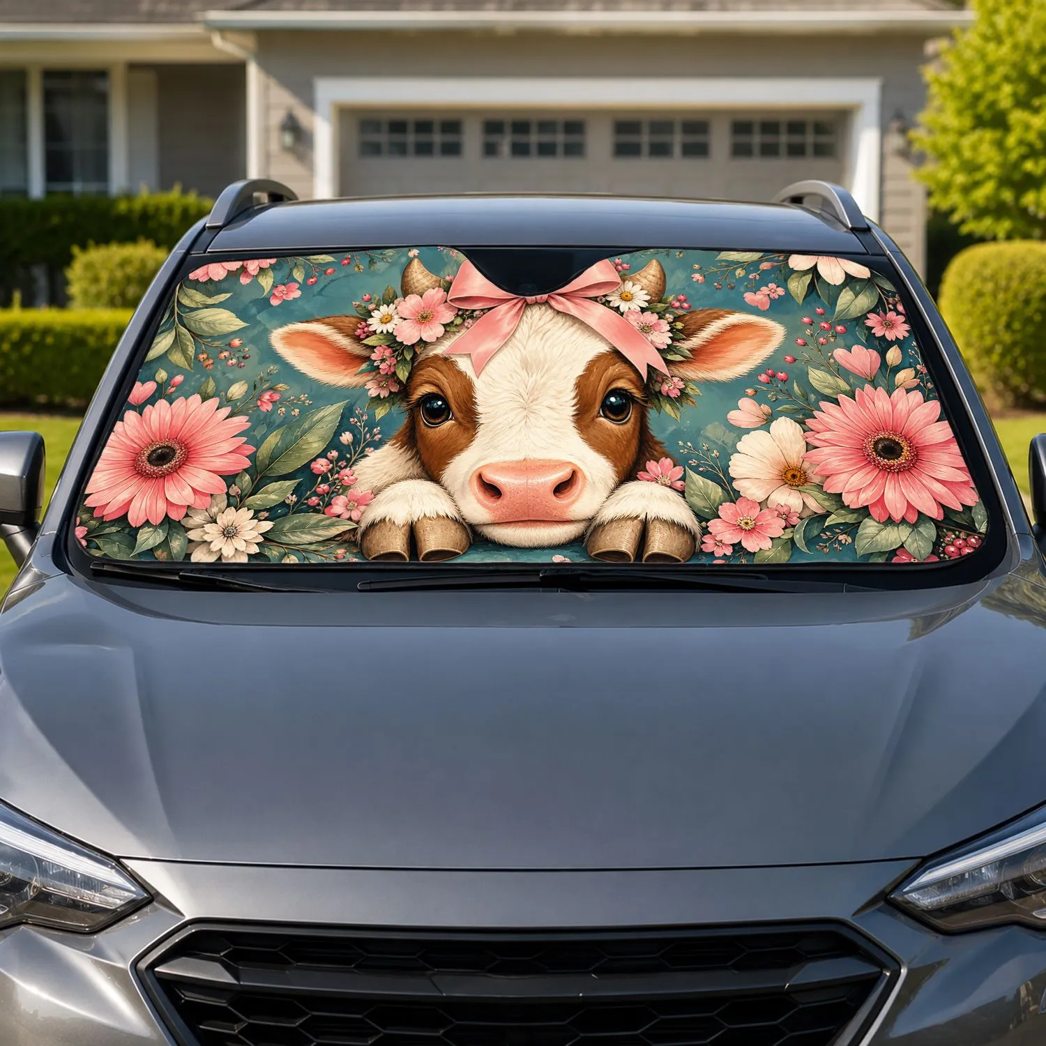 Cute Cow With Pink Bow And Floral Crown For Farmhouse Decor And Country Girl Style Car Sunshade - 1