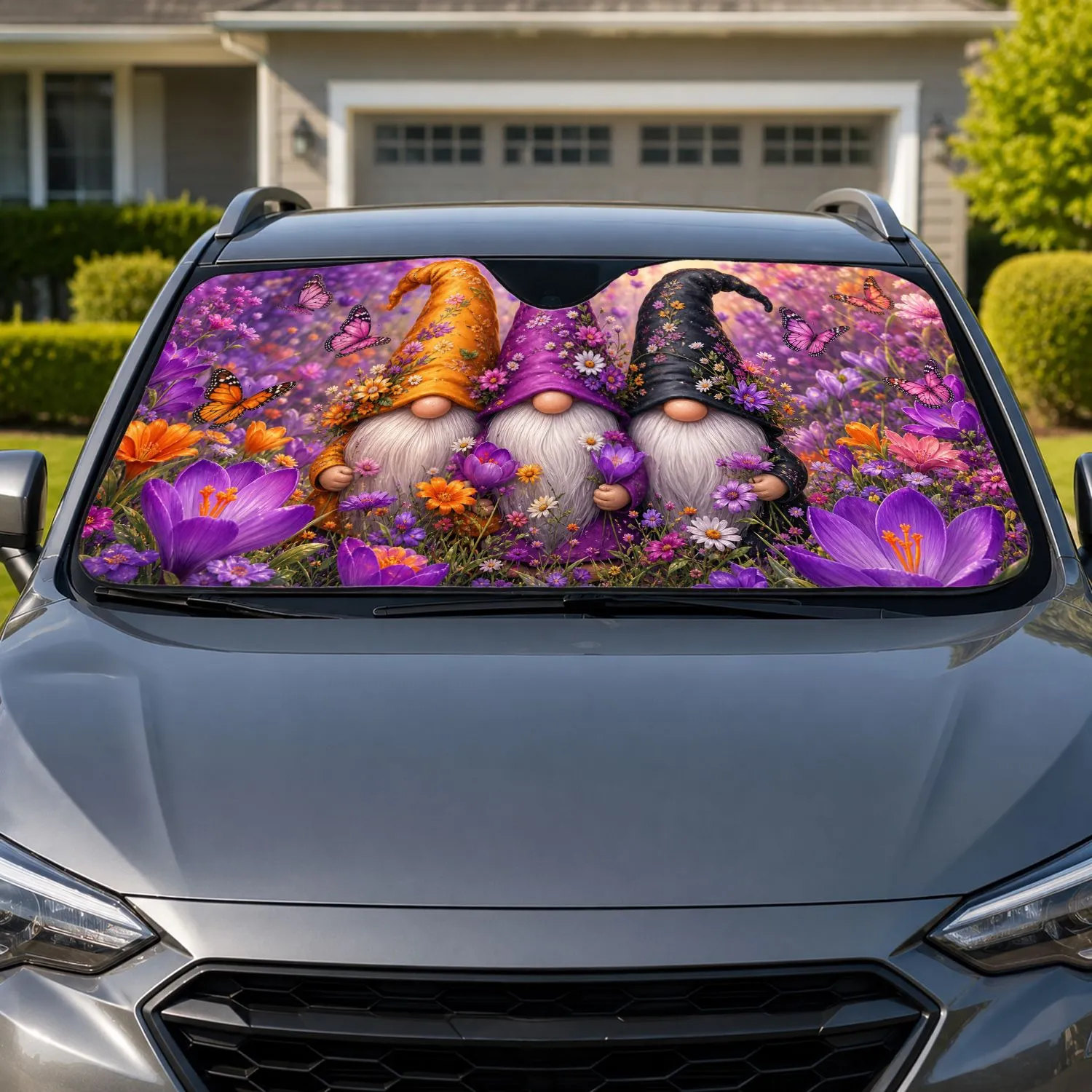 Whimsical Goblin Gnome Trio In Floral Meadow For Spring Fantasy Garden Lovers Gift Car Sunshade - 1