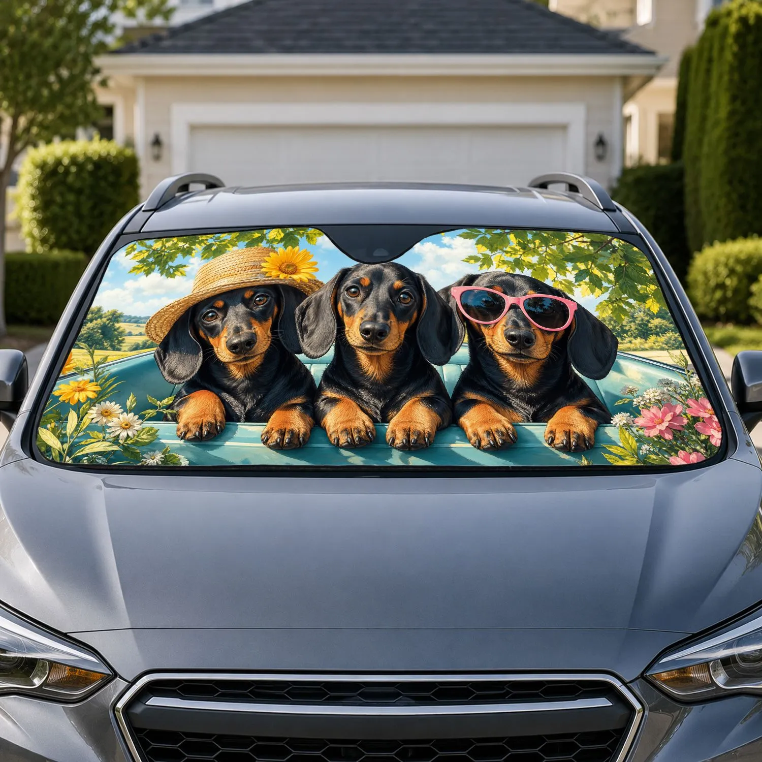 Three Dachshunds With Straw Hat And Pink Sunglasses For Summer Road Trip Dog Lovers Car Sunshade - 1