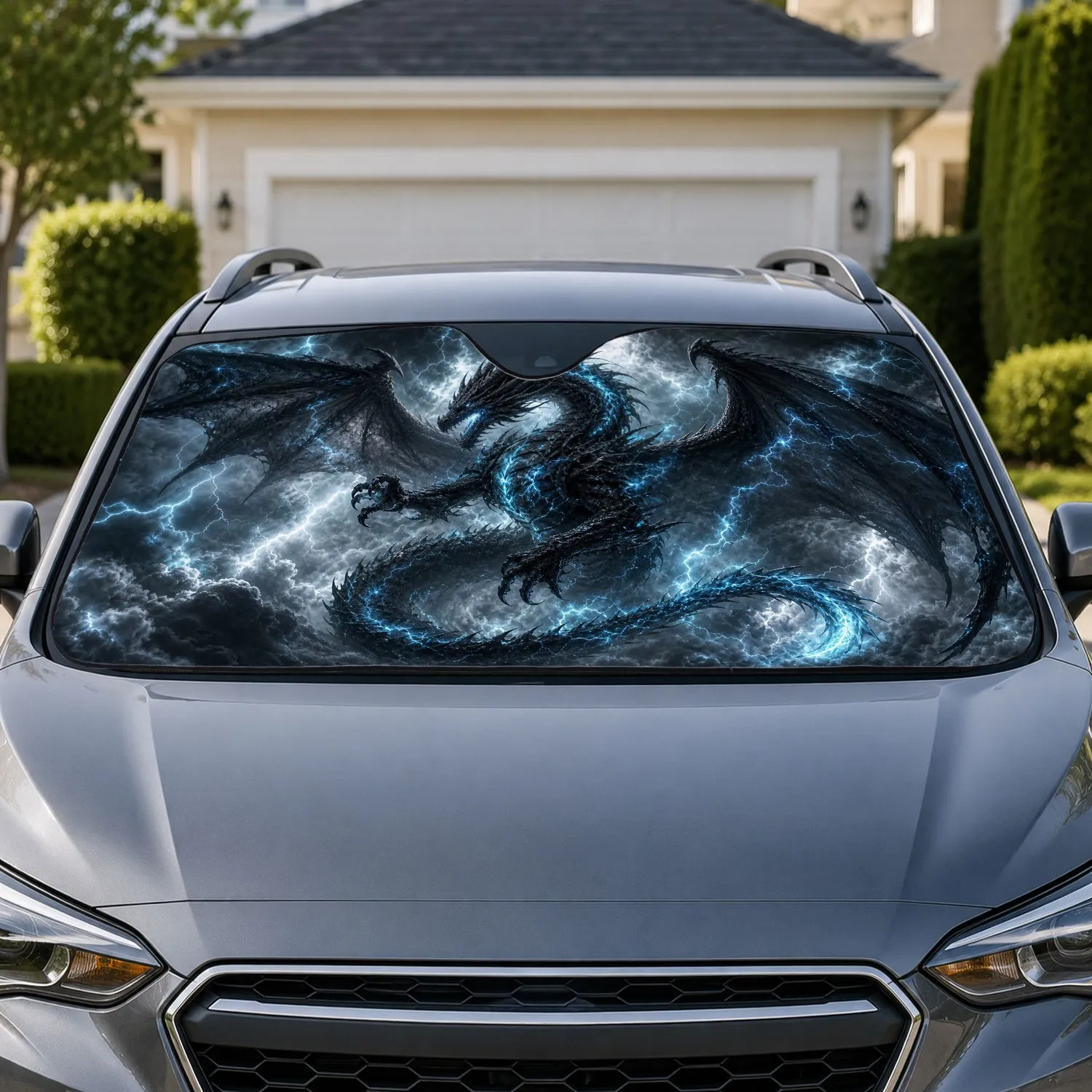 Black Storm Dragon With Cyan Lightning For Dark Fantasy Adventure And Gothic Fans Car Sunshade - 1
