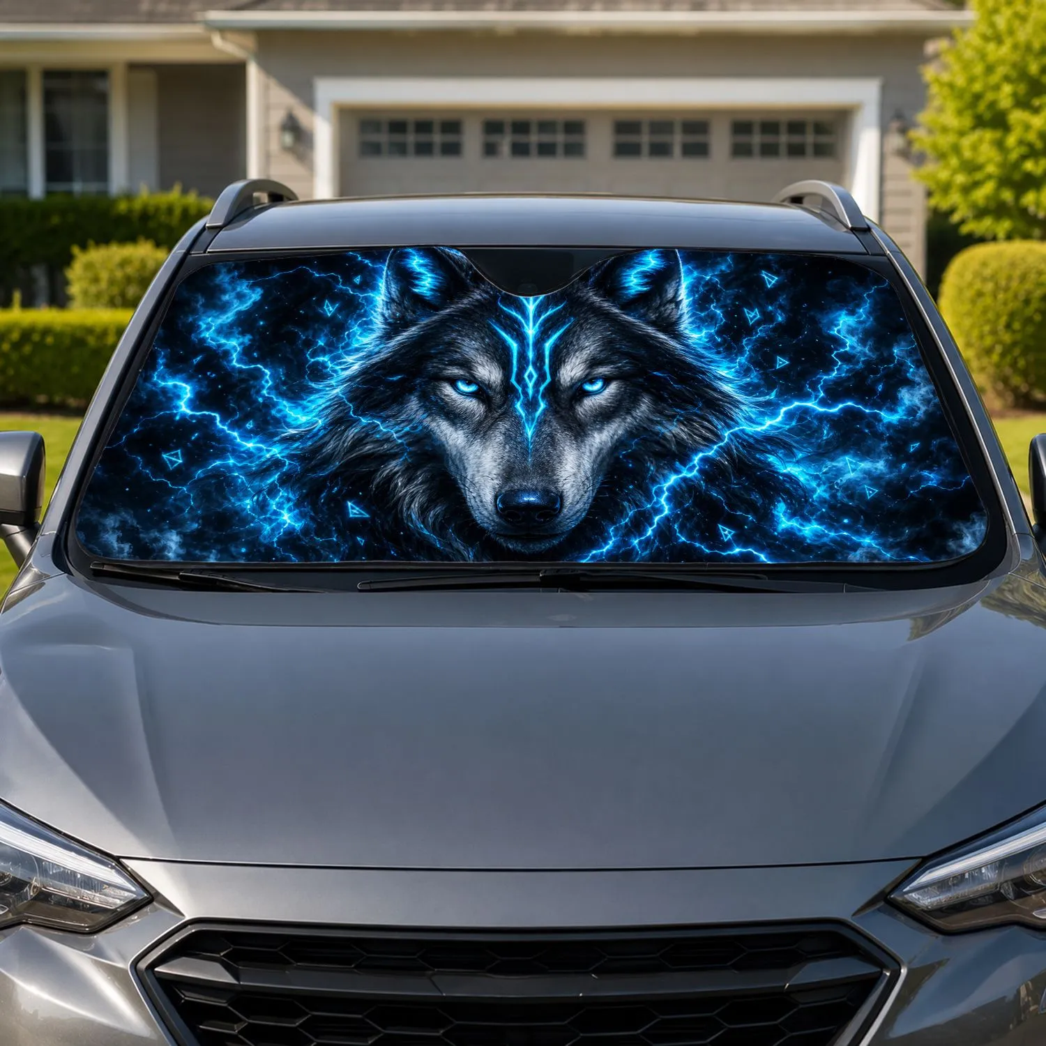 Mystical Wolf Head With Electric Cyan Eyes For Gothic Fantasy Night Road Trip Fans Car Sunshade - 1
