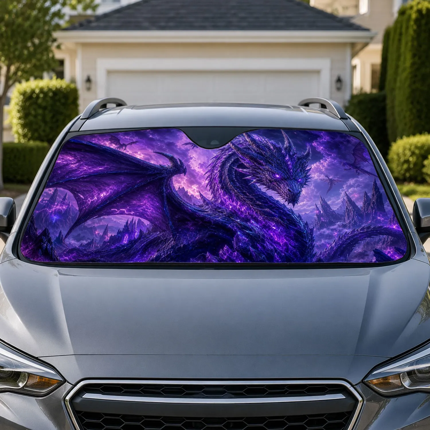 Purple Crystal Dragon In Stormy Twilight Fantasy For Gothic Adventure Decor Fans Car Sunshade - 1