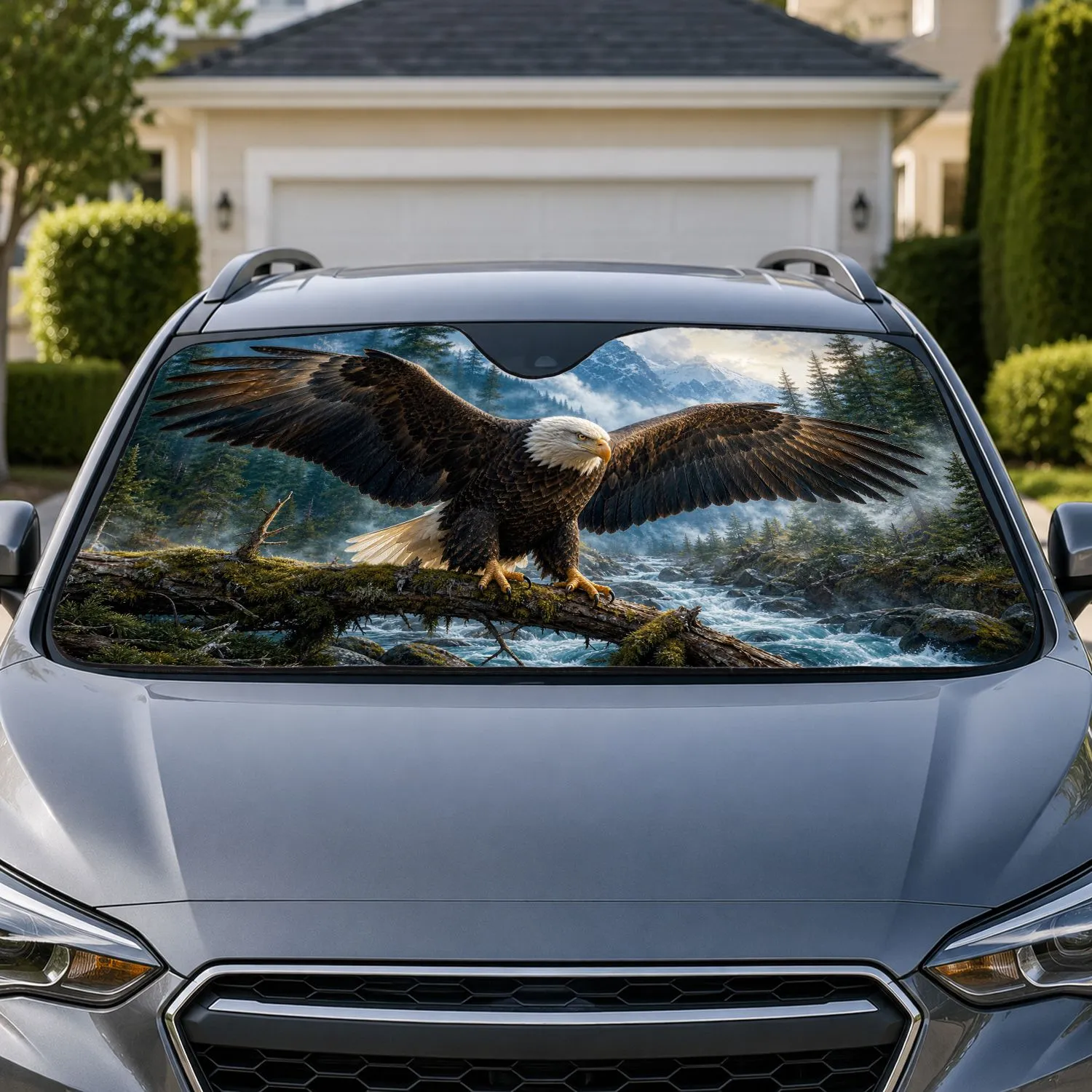 Majestic Bald Eagle Over Mountain Creek For Wilderness Travel And Nature Cabin Decor Car Sunshade - 1