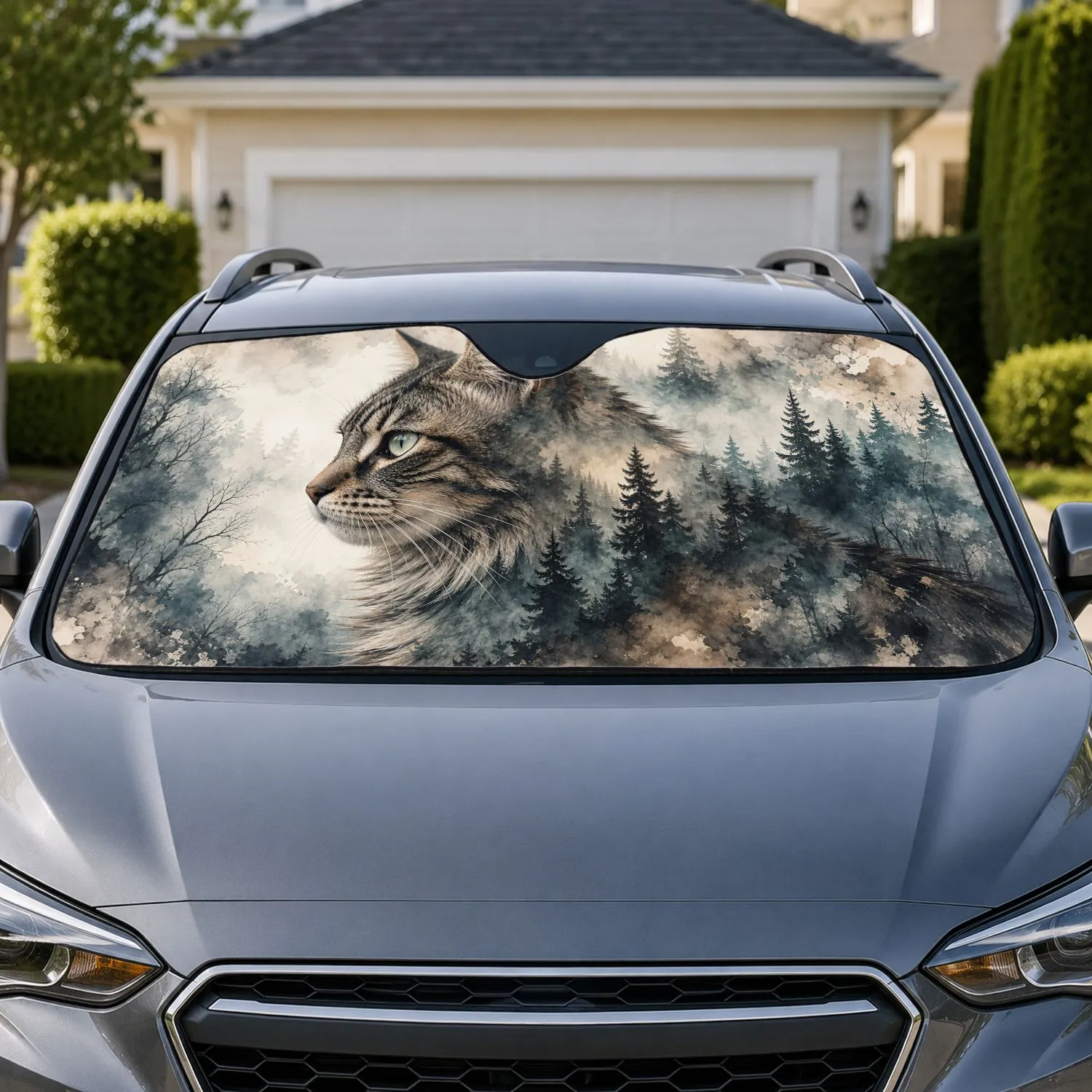 Misty Forest Tabby Cat Watercolor Portrait For Nature Lovers And Cozy Cabin Decor Car Sunshade - 1