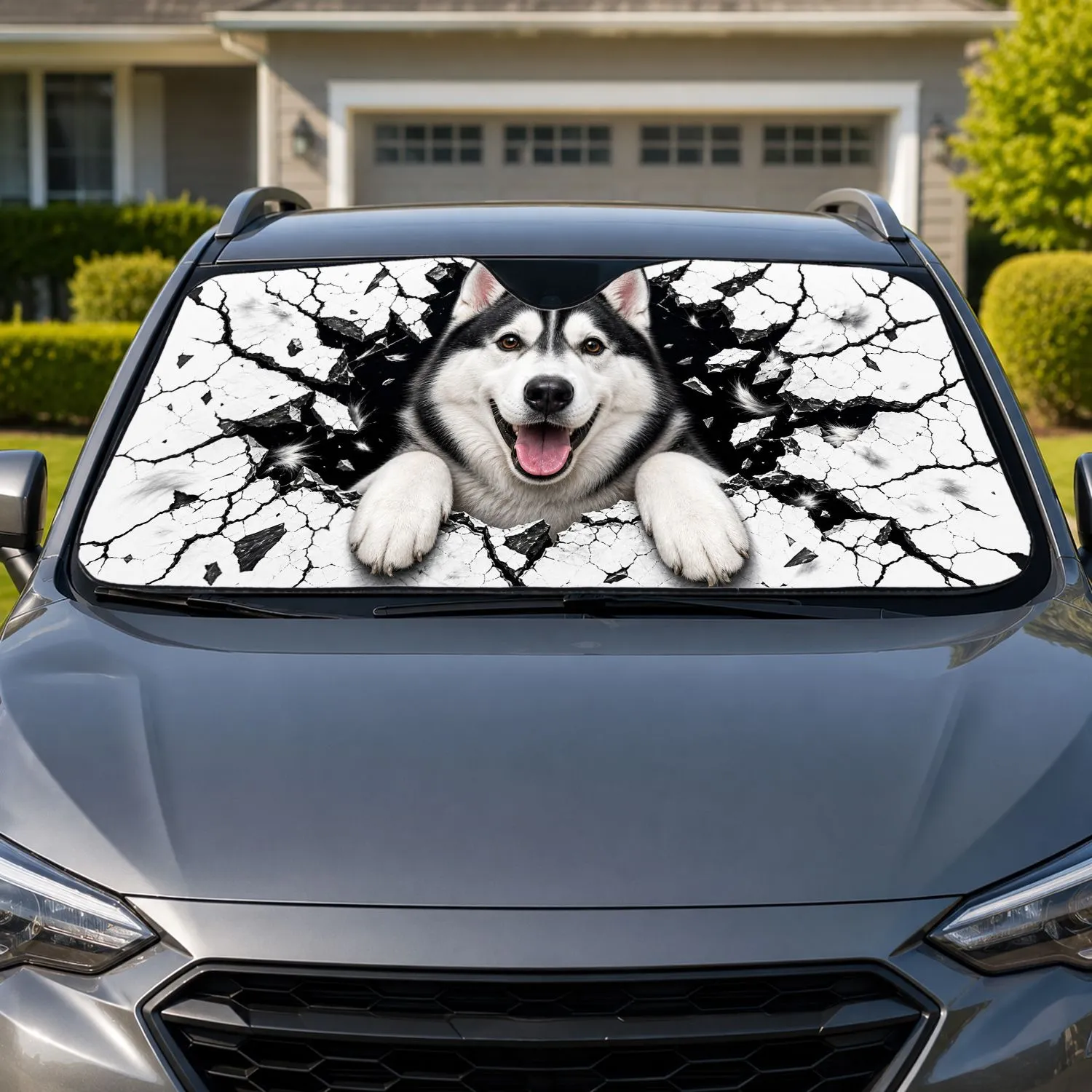 Playful Siberian Husky Bursting Through Jagged Black Cracks For Dog Loving Road Trips Car Sunshade - 1