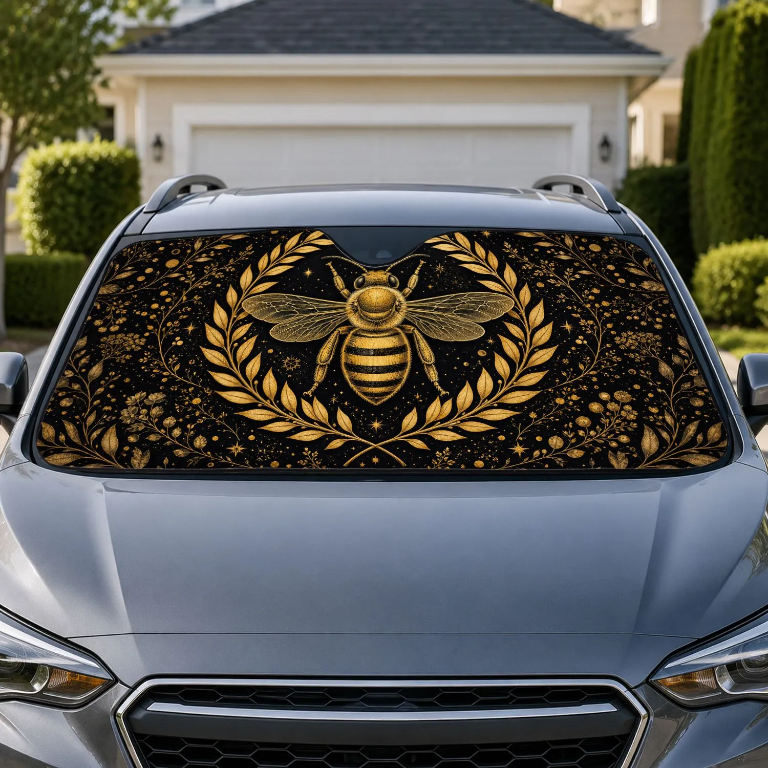 Golden Bee And Laurel Botanical Decor For Elegant Gothic Cottagecore Nature Lovers Car Sunshade - 1