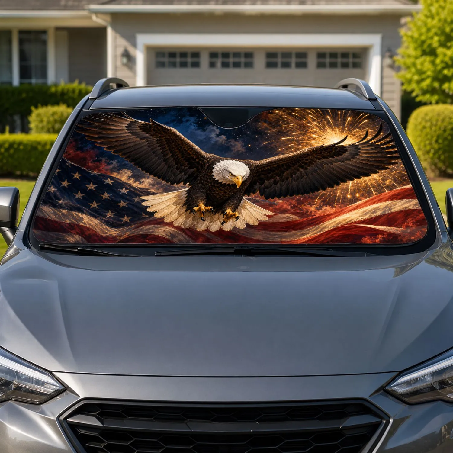 Soaring Bald Eagle With American Flag Fireworks Patriotic July Fourth Decor Gift Car Sunshade - 1