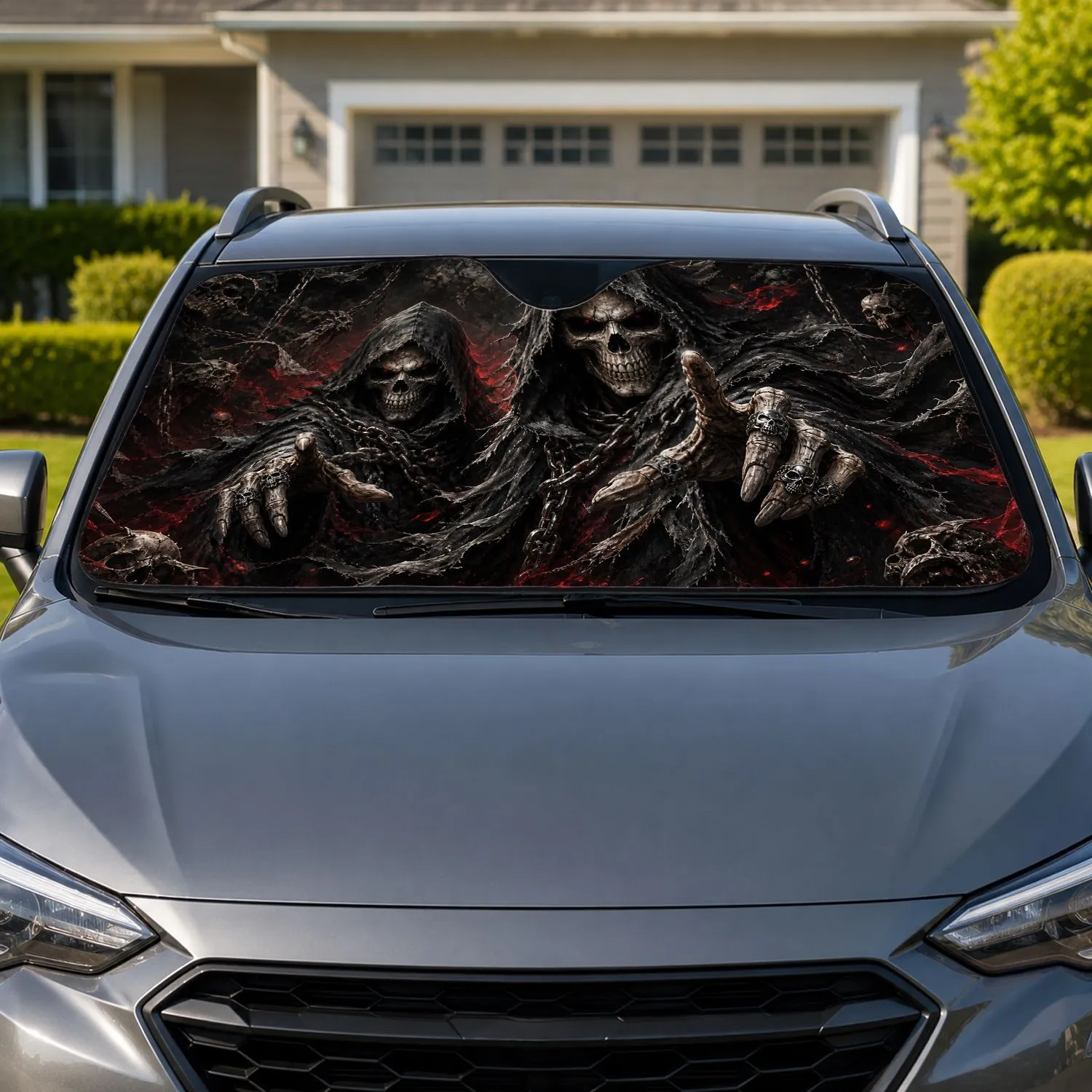 Gothic Grim Reaper Skulls With Chains For Dark Fantasy Horror Decor Fans And Metalheads Car Sunshade - 1