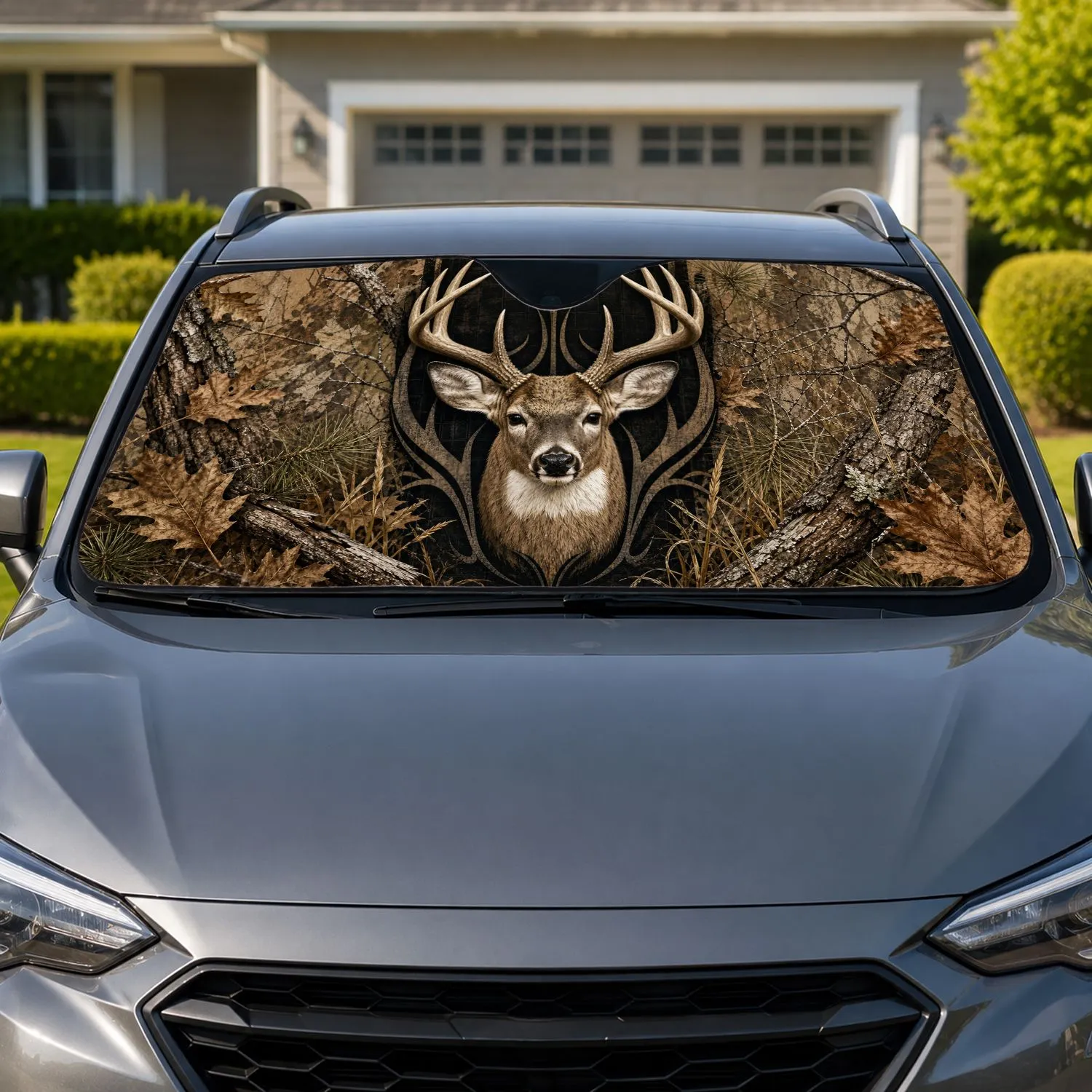 Ivory Whitetail Buck With Woodland Camo For Hunting Season Outdoor Enthusiasts Fans Car Sunshade - 1