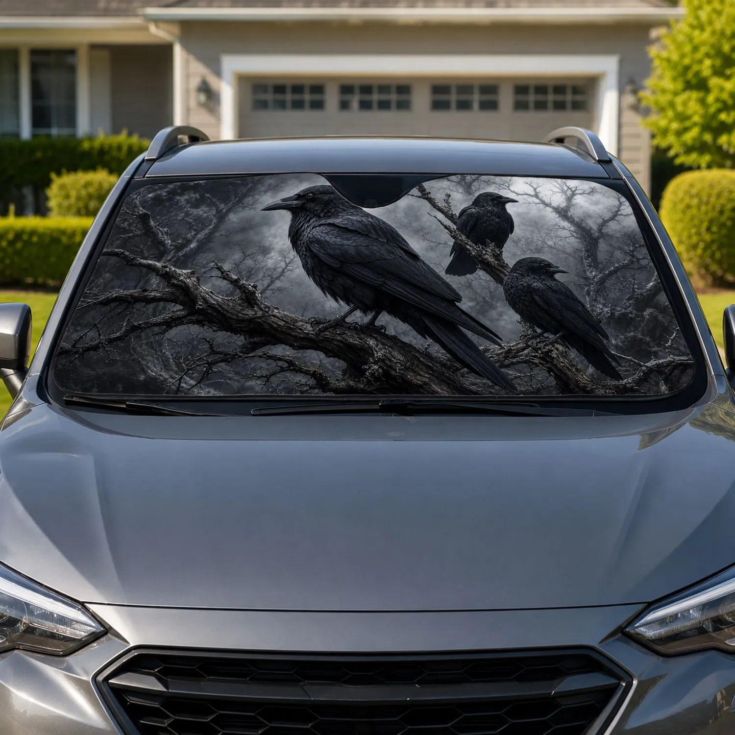 Three Black Crows On Twisted Dead Branch For Gothic Woodland Horror Aesthetic Decor Car Sunshade - 1