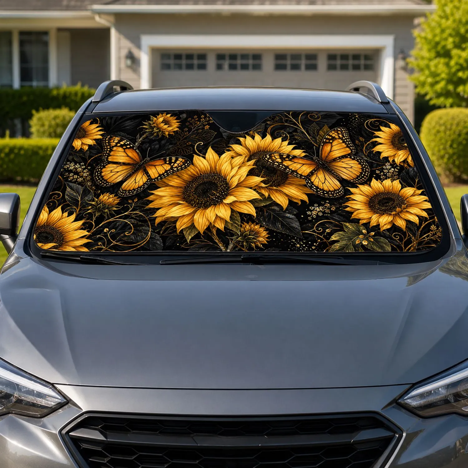 Golden Monarch Butterflies And Sunflowers Dark Botanical Summer Road Trip Decor For Fans Car Sunshade - 1